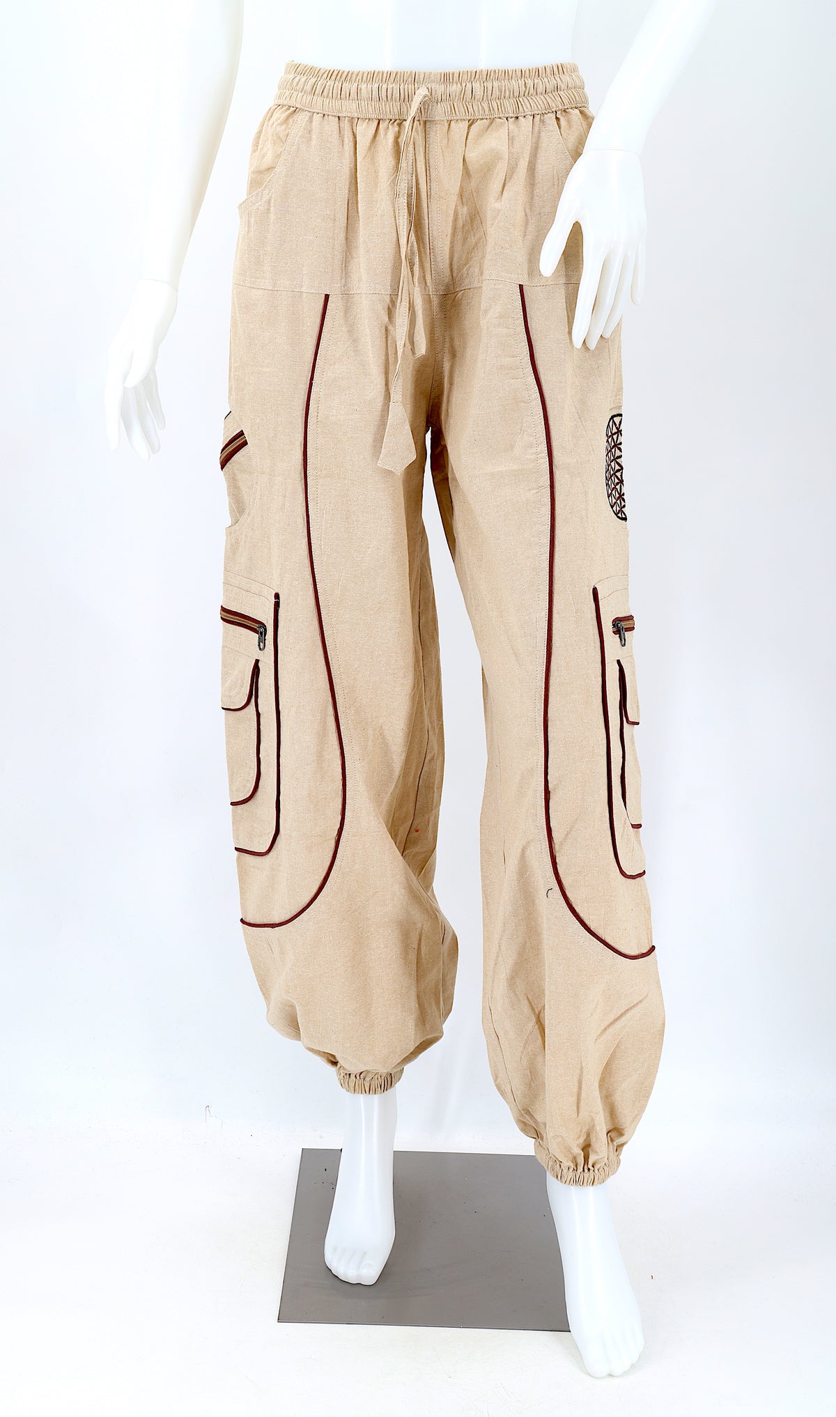 Front view of beige handmade cotton harem pants with Flower of Life embroidery