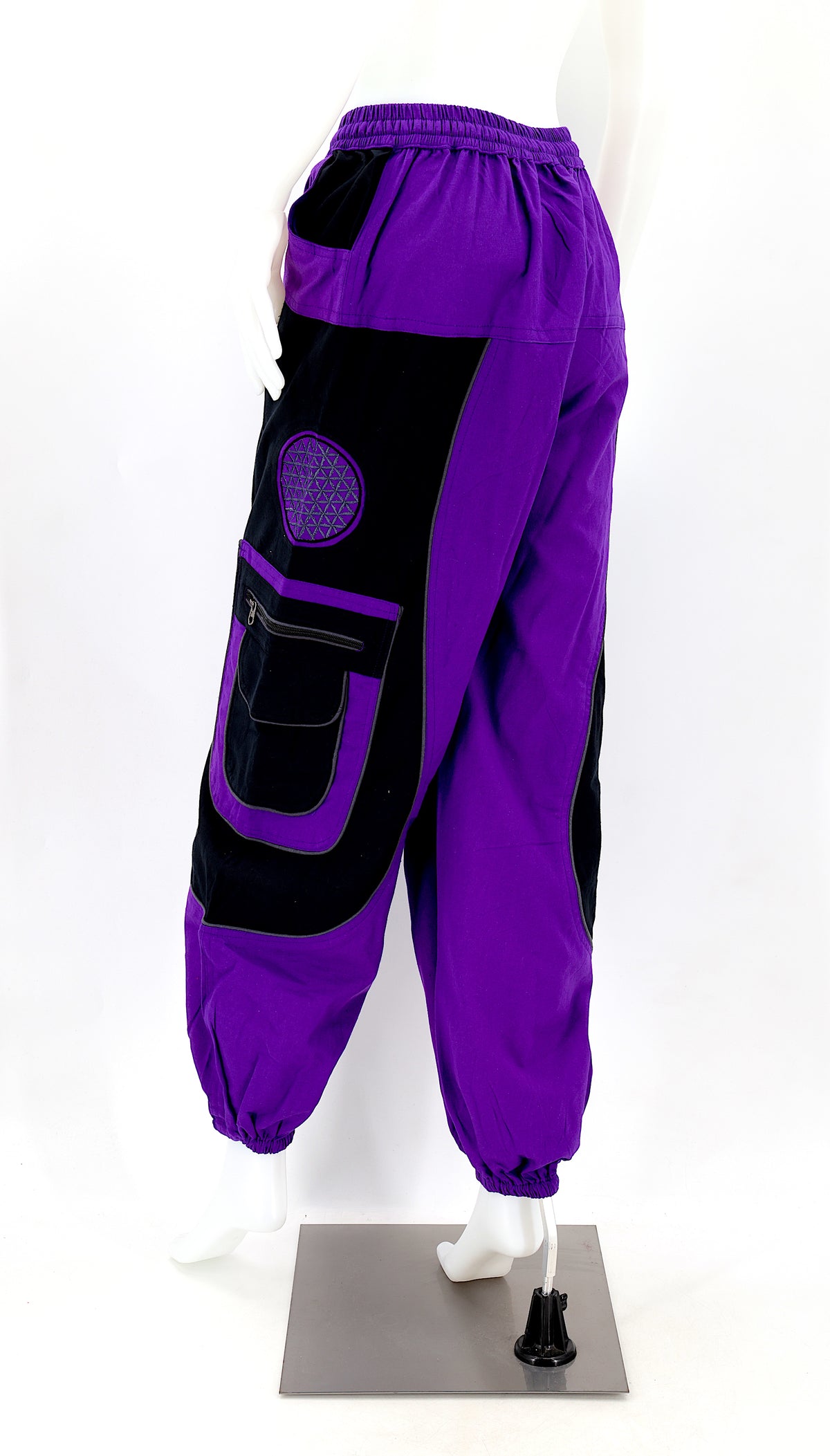Back view of purple Nepalese cotton harem pants with elastic waistband