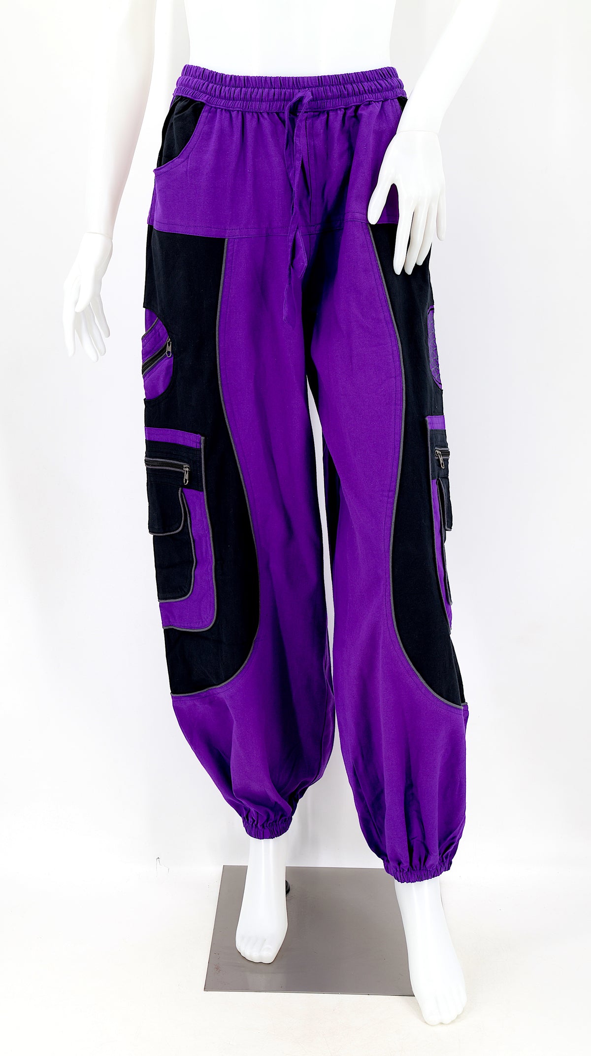 Front view of purple handmade cotton harem pants with Flower of Life embroidery