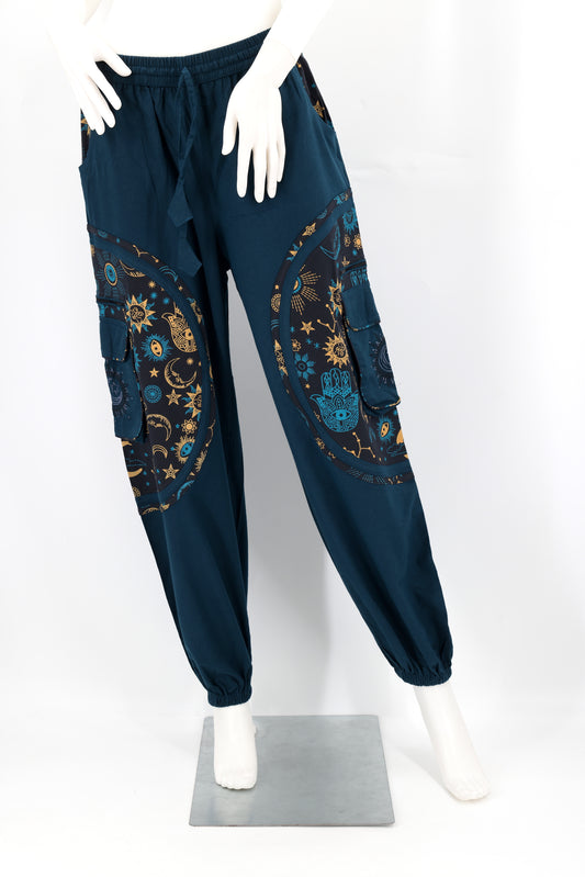 Cotton Hippie Handmade Harem Sun, Moon And Stars Embroidered Celestial Patterned Bohemian Pants