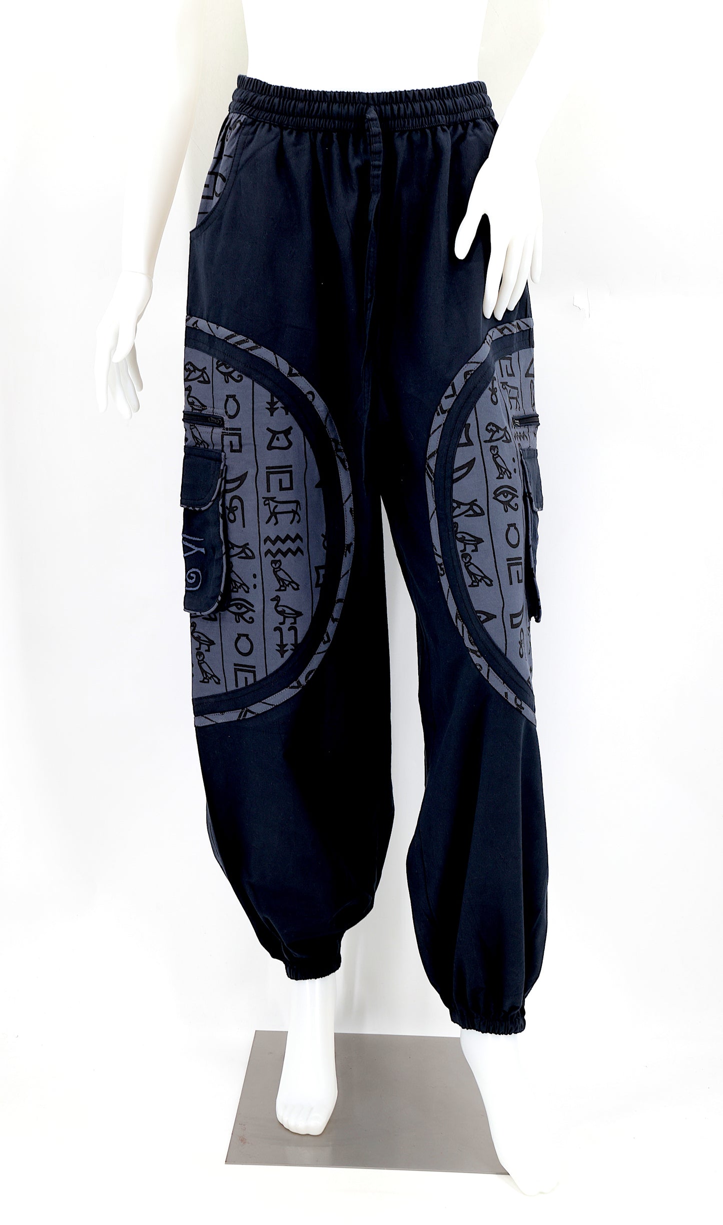 Front view of handmade cotton harem pants with Eye of Ra and Eye of Horus embroidery.