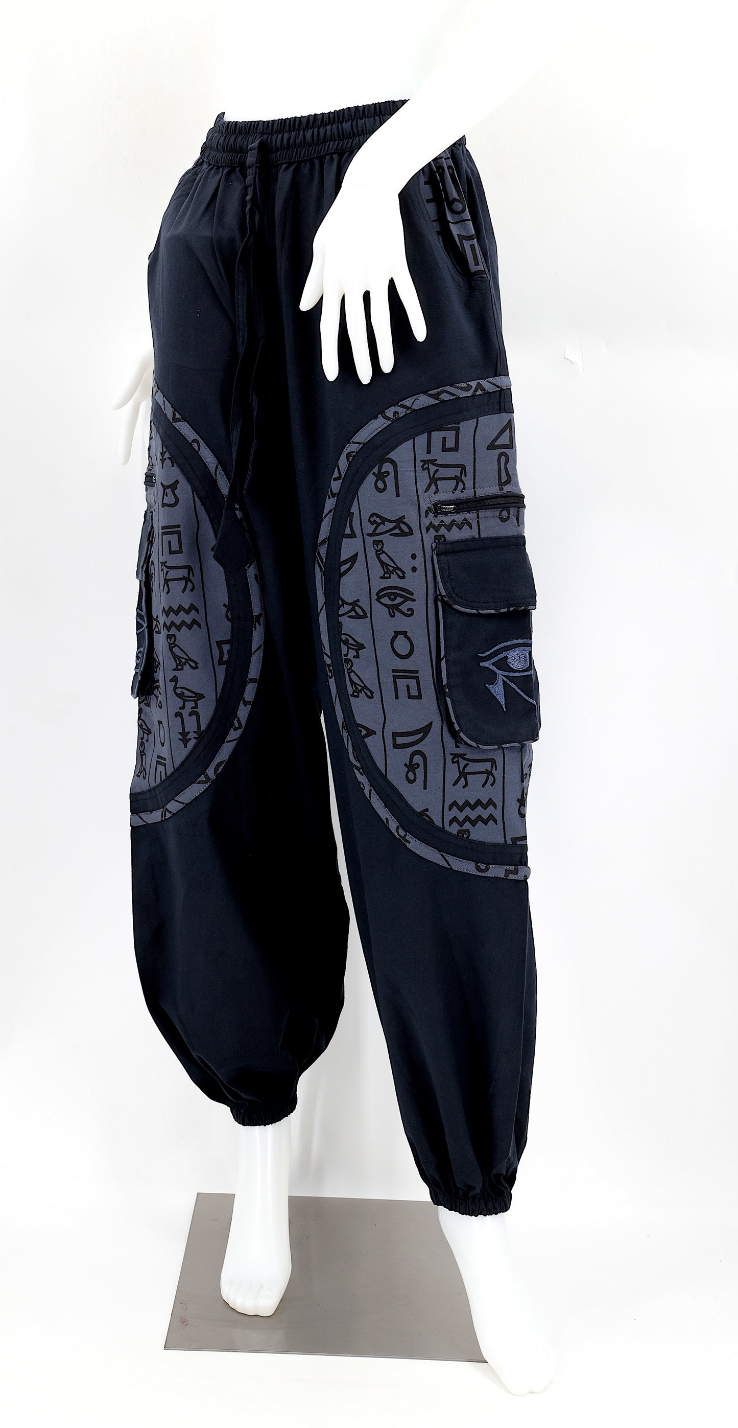 Front view of handmade cotton harem pants with Eye of Ra and Eye of Horus embroidery.