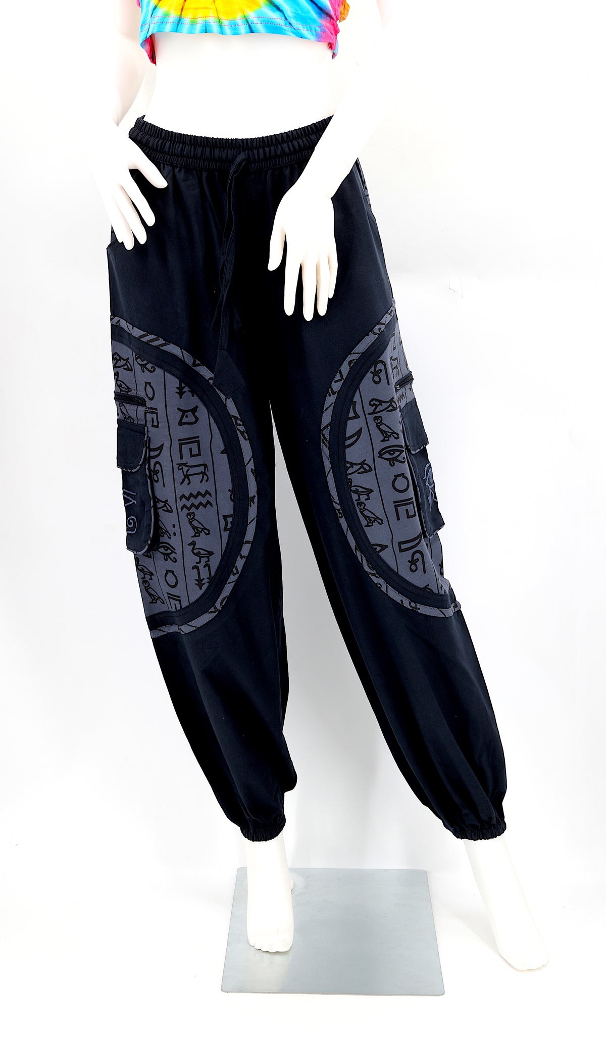 Front view of handmade cotton harem pants with Eye of Ra and Eye of Horus embroidery