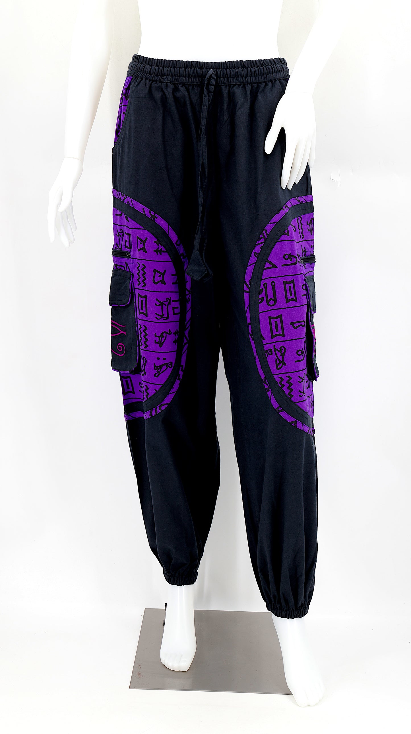 Front view of handmade cotton harem pants with Eye of Ra and Eye of Horus embroidery.