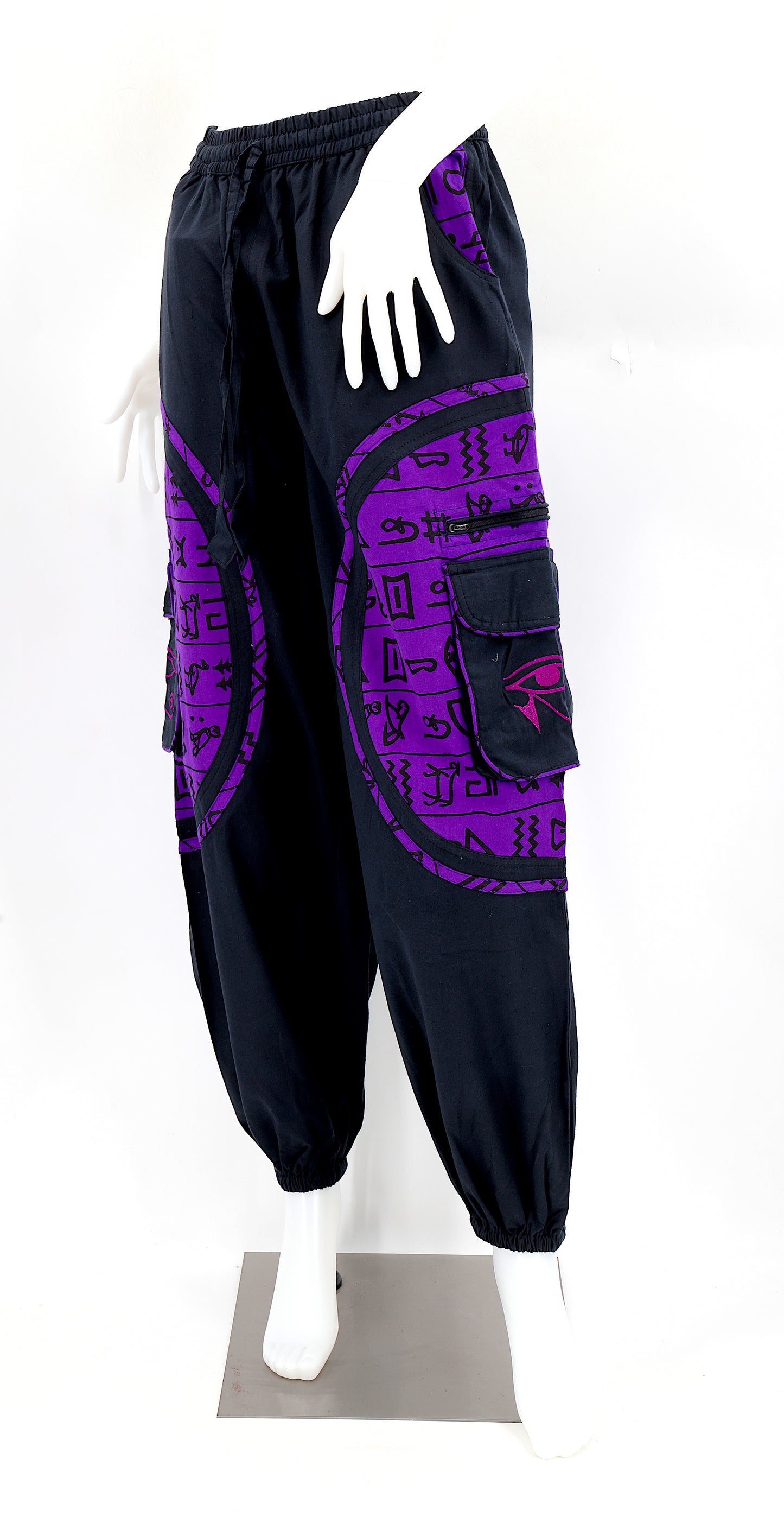 Front view of handmade cotton harem pants with Eye of Ra and Eye of Horus embroidery.