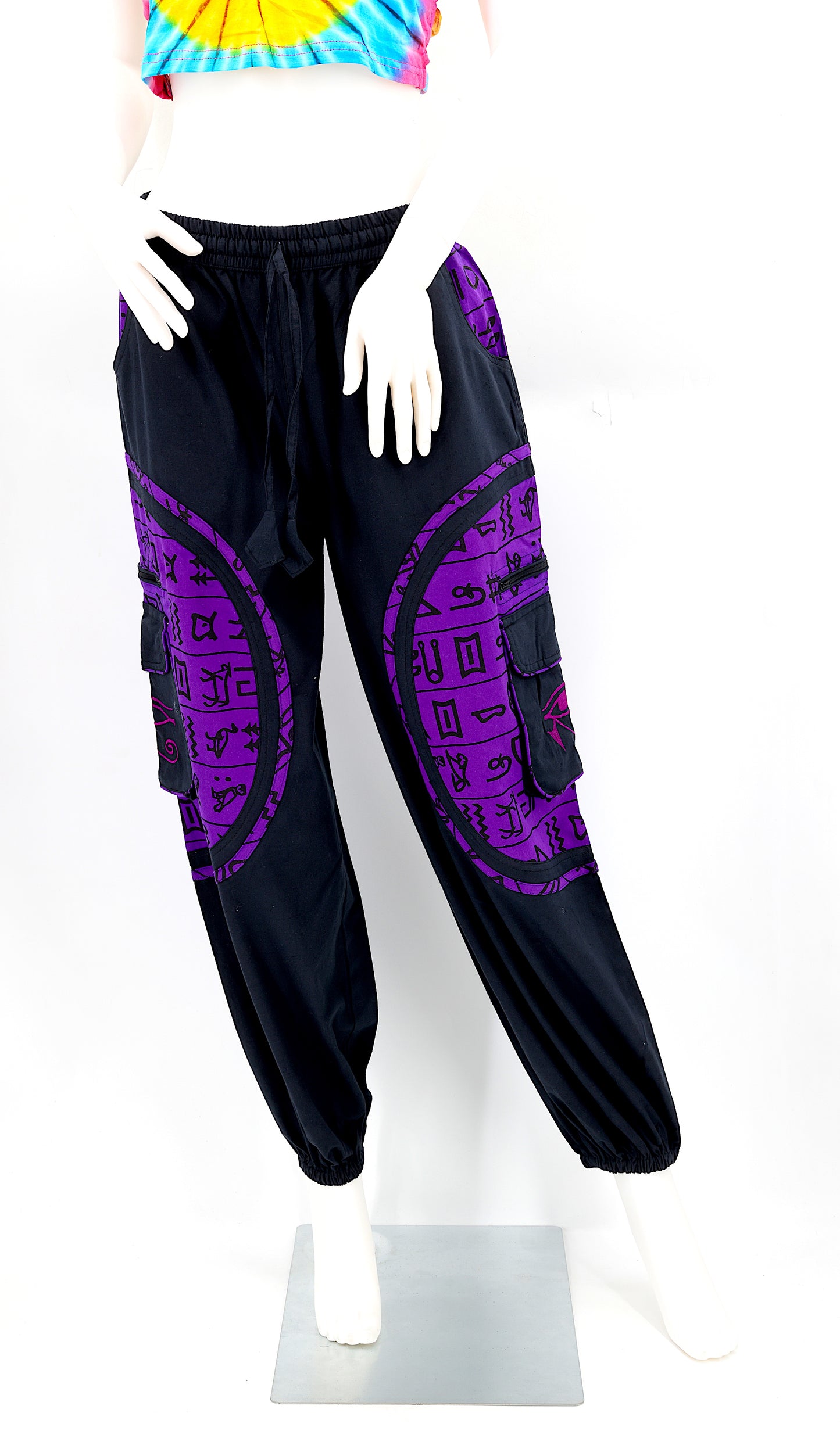 Front view of handmade cotton harem pants with Eye of Ra and Eye of Horus embroidery