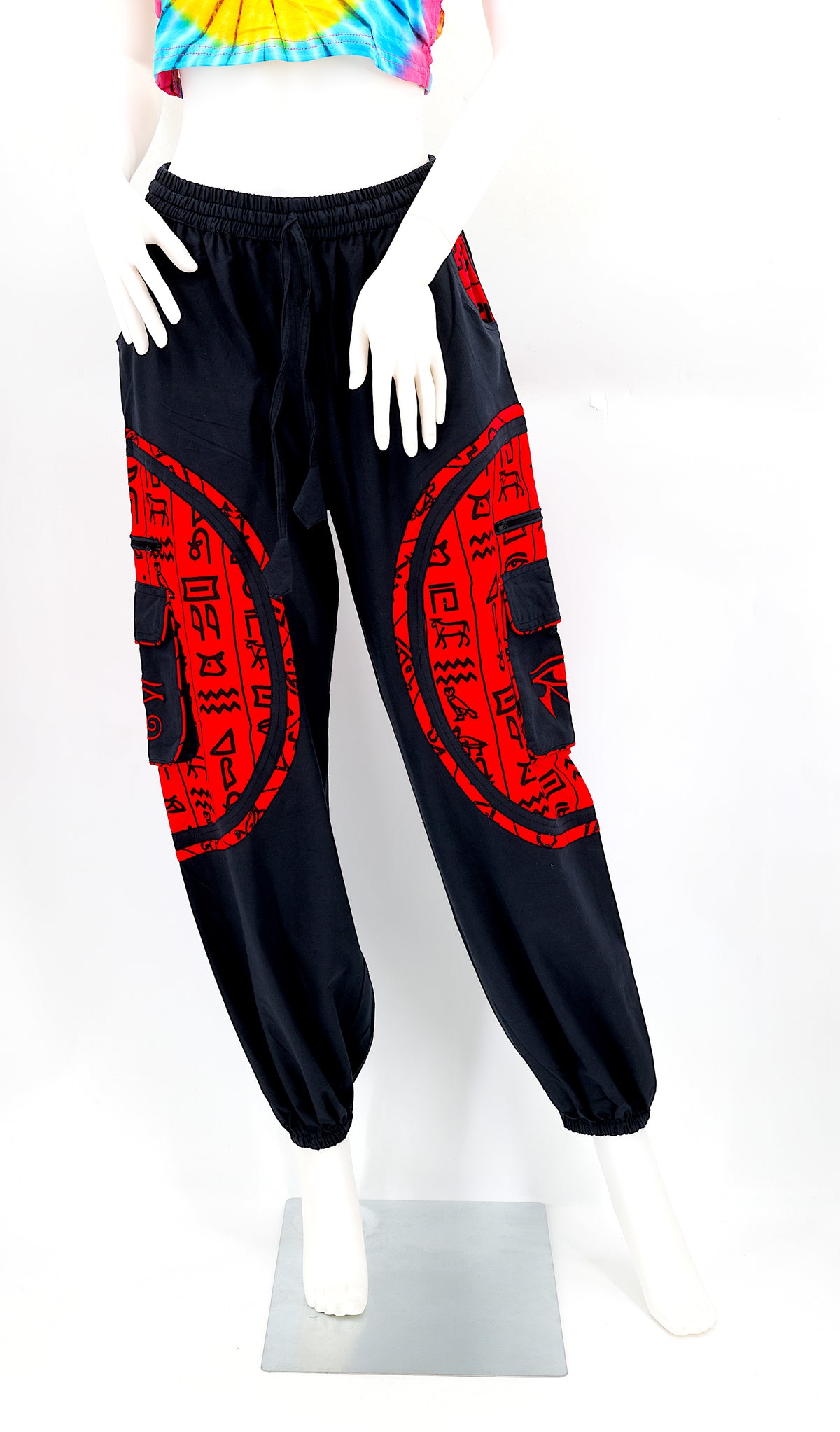 Front view of handmade cotton harem pants with Eye of Ra and Eye of Horus embroidery.