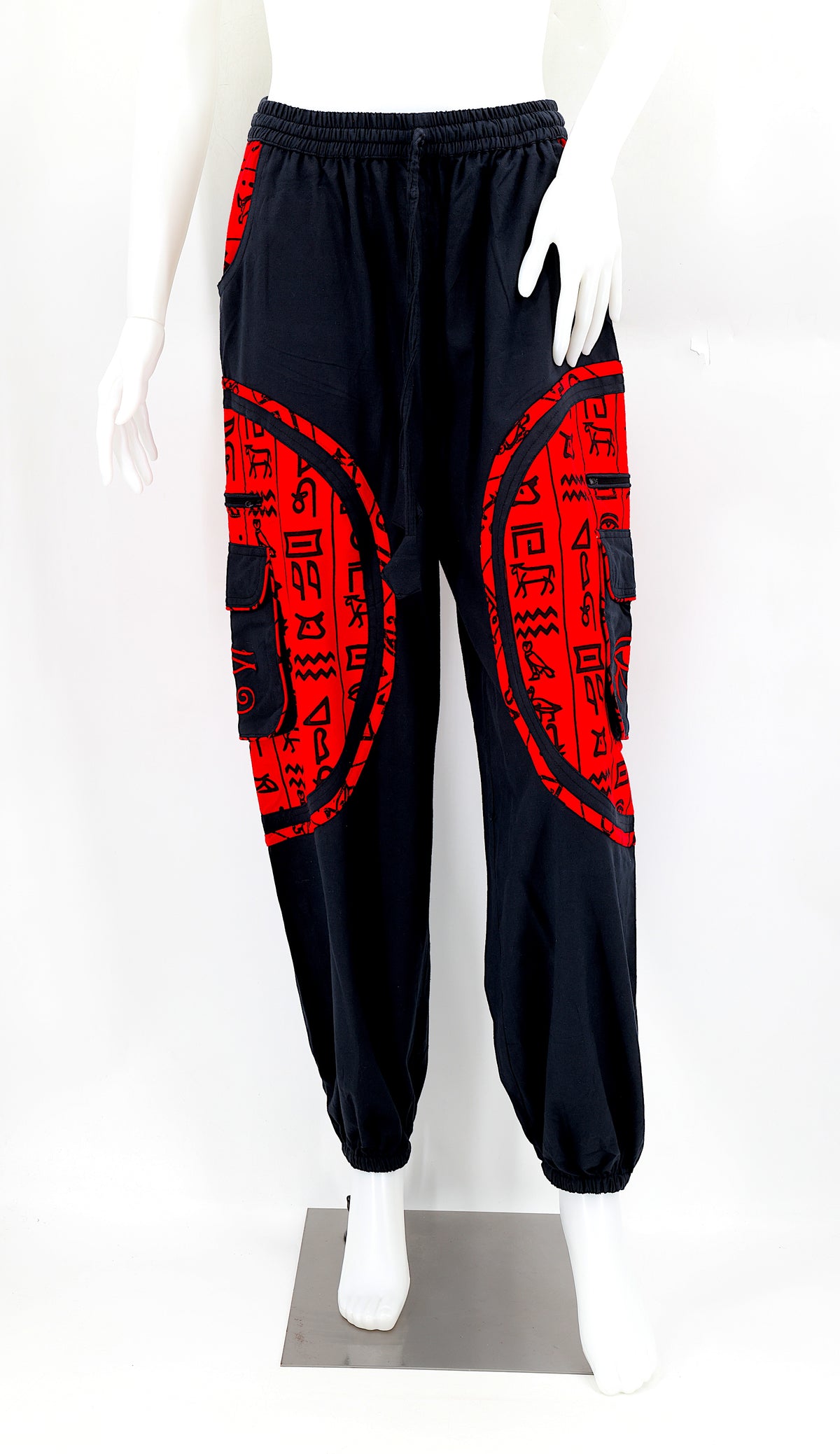 Front view of handmade cotton harem pants with Eye of Ra and Eye of Horus embroidery.