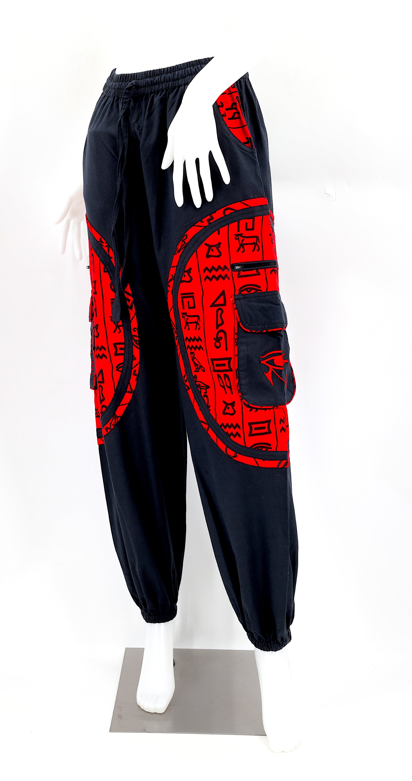 Front view of handmade cotton harem pants with Eye of Ra and Eye of Horus embroidery.