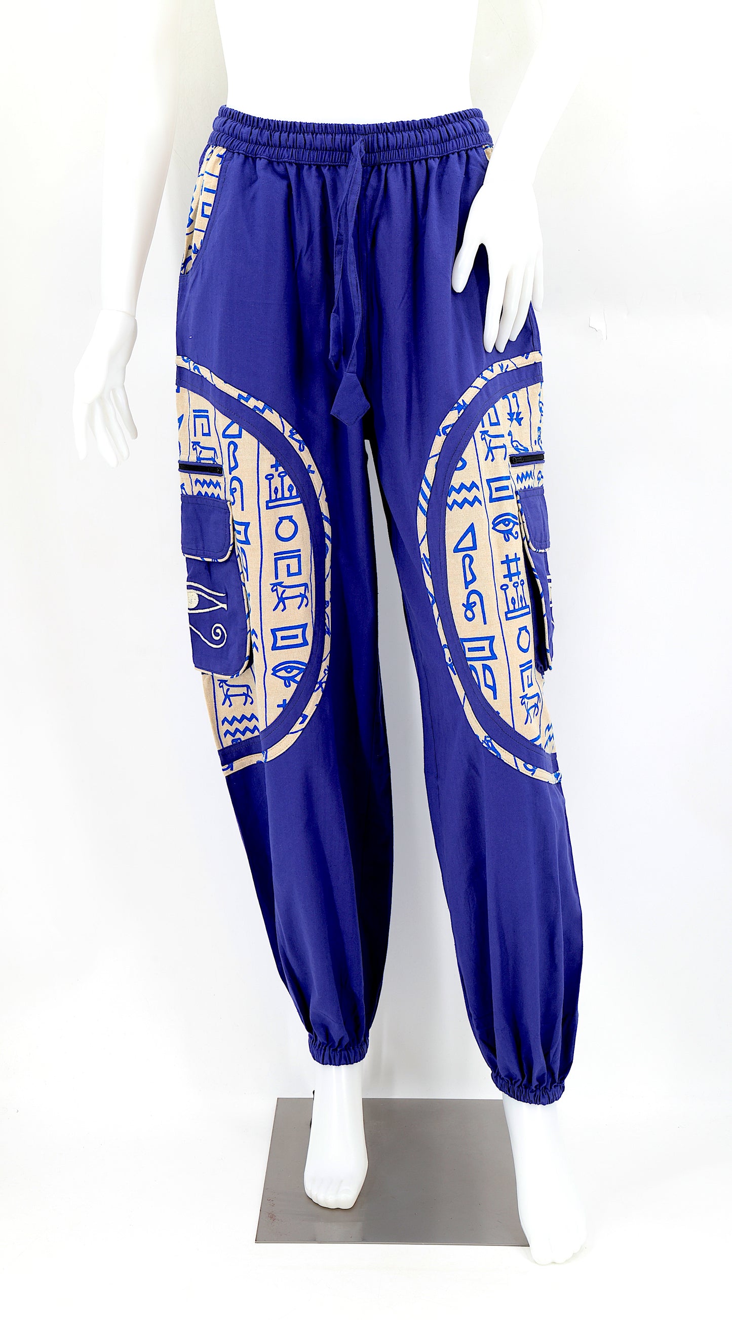 Front view of handmade cotton harem pants with Eye of Ra and Eye of Horus embroidery.