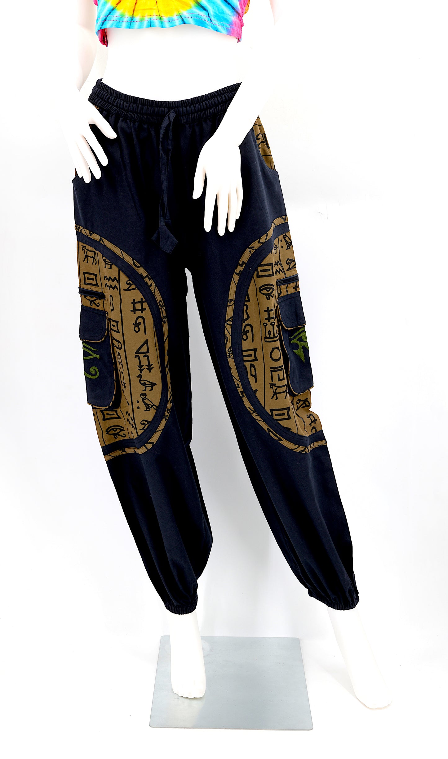 Front view of handmade cotton harem pants with Eye of Ra and Eye of Horus embroidery.
