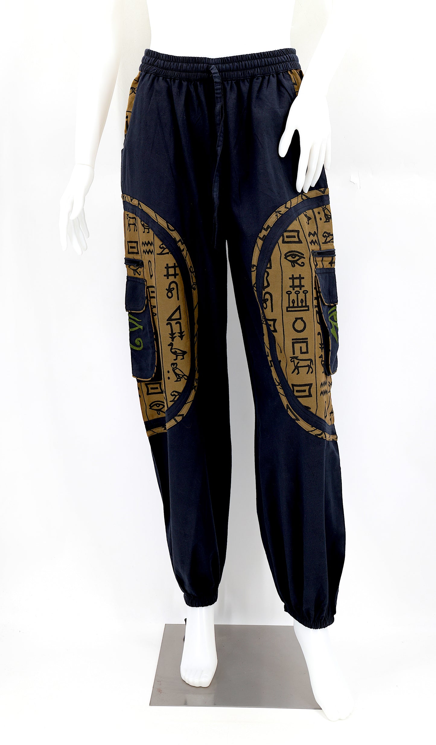 Front view of handmade cotton harem pants with Eye of Ra and Eye of Horus embroidery.