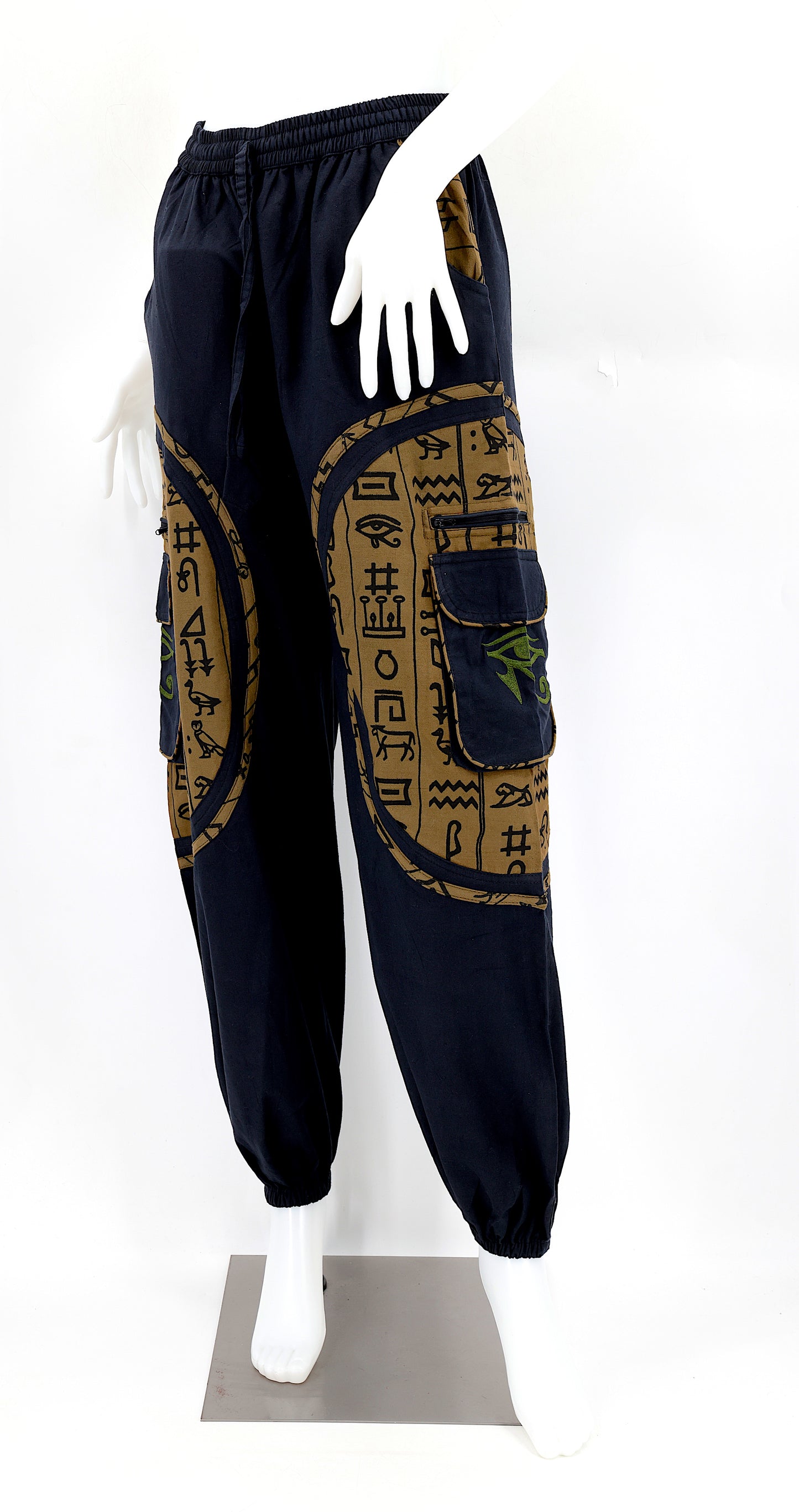 Front view of handmade cotton harem pants with Eye of Ra and Eye of Horus embroidery.