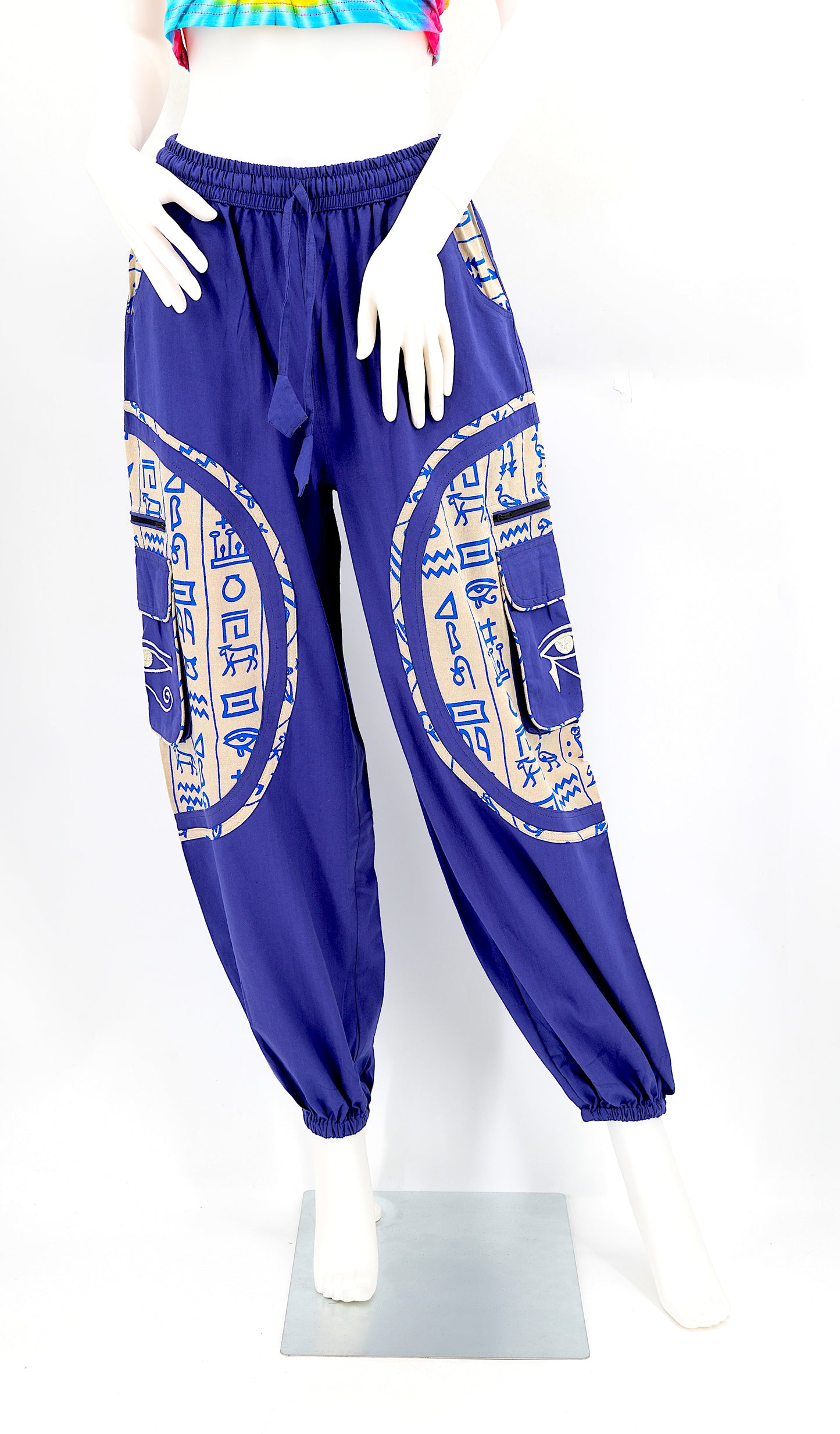 Front view of handmade cotton harem pants with Eye of Ra and Eye of Horus embroidery