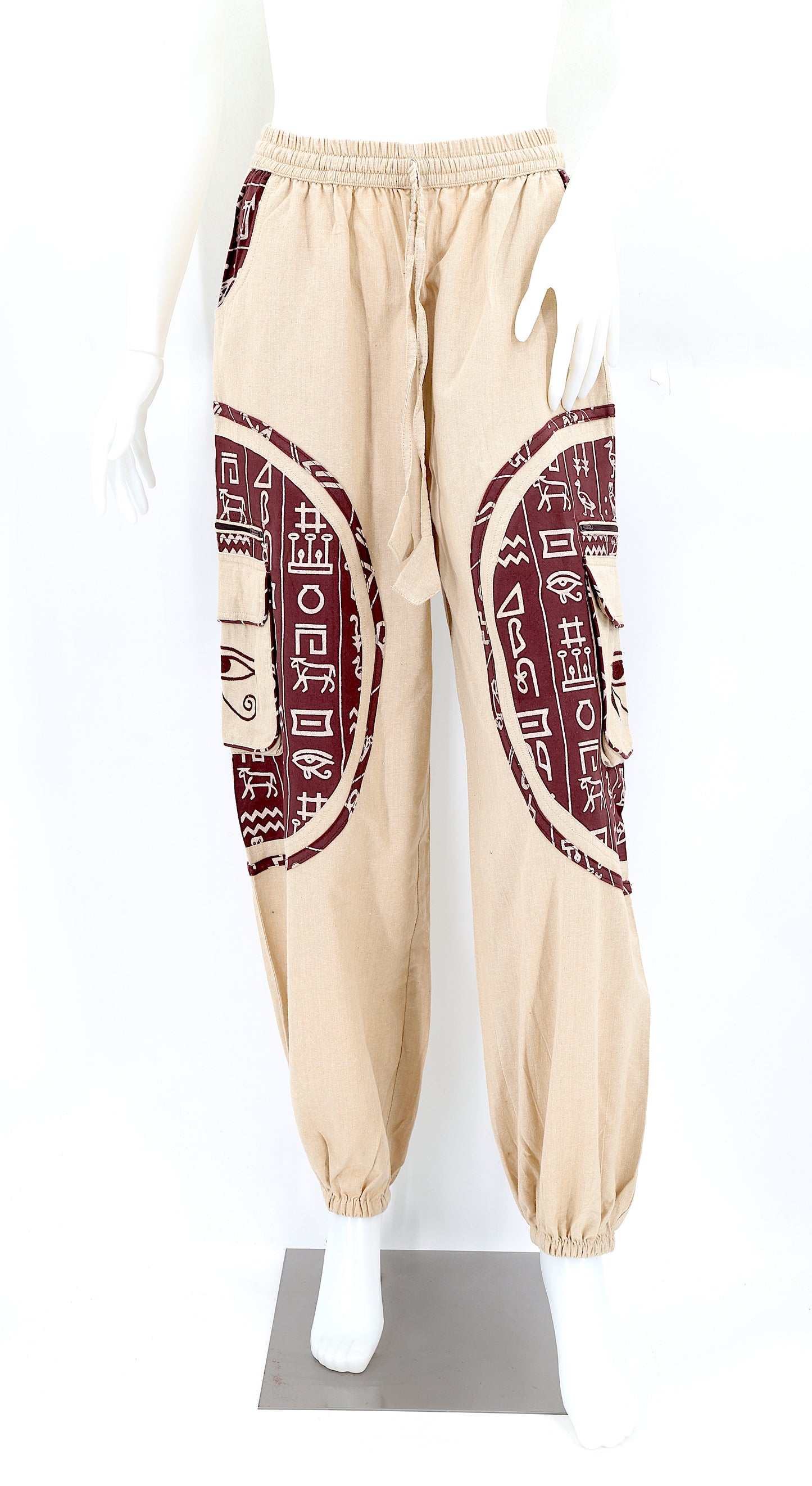 Front view of handmade cotton harem pants with Eye of Ra and Eye of Horus embroidery.