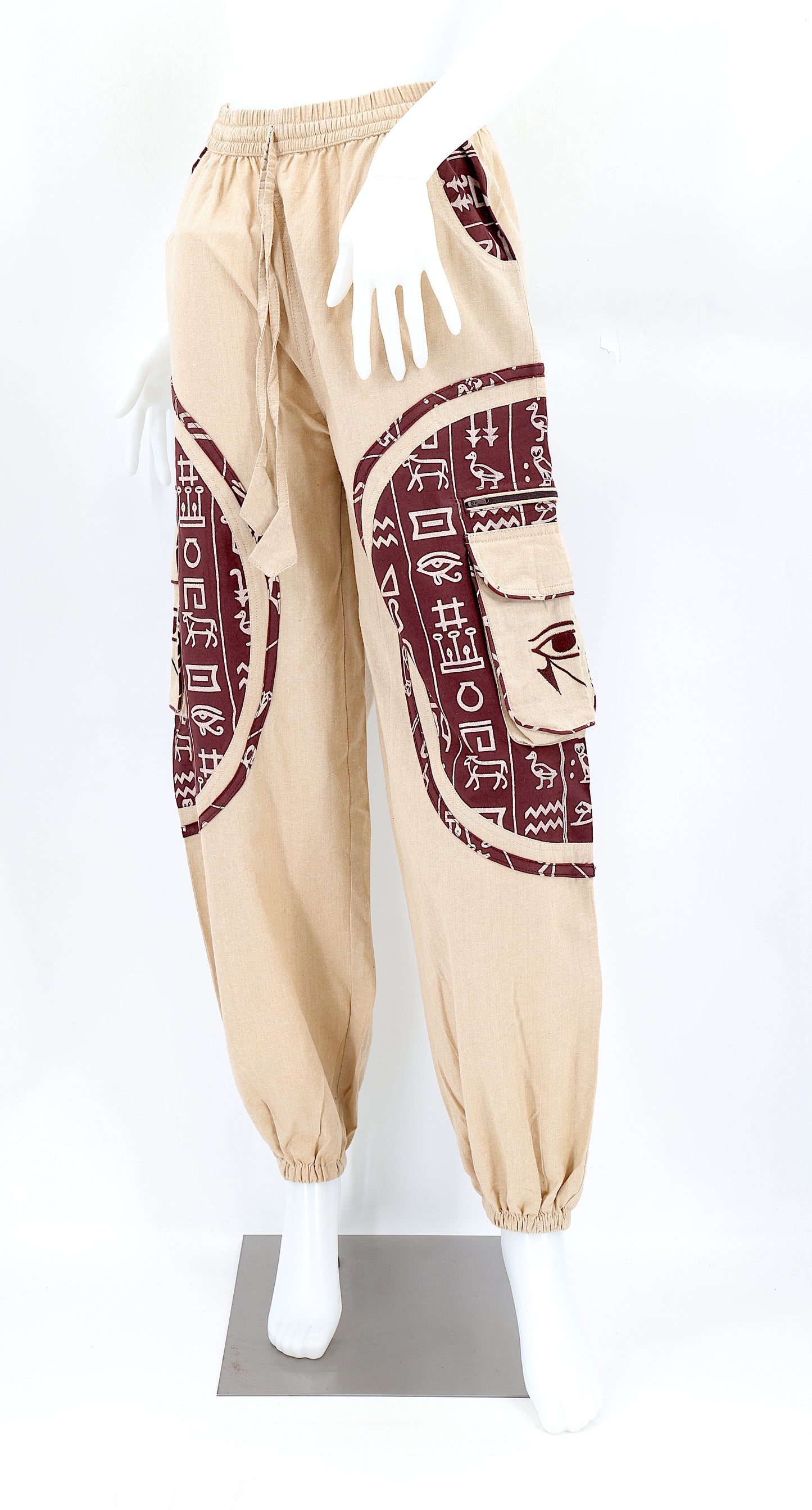 Front view of handmade cotton harem pants with Eye of Ra and Eye of Horus embroidery.