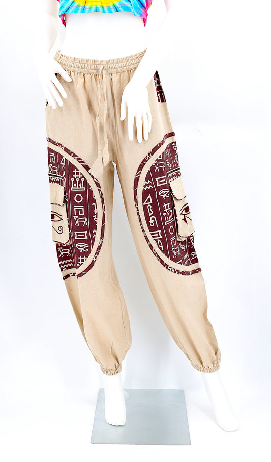 Front view of handmade cotton harem pants with Eye of Ra and Eye of Horus embroidery.