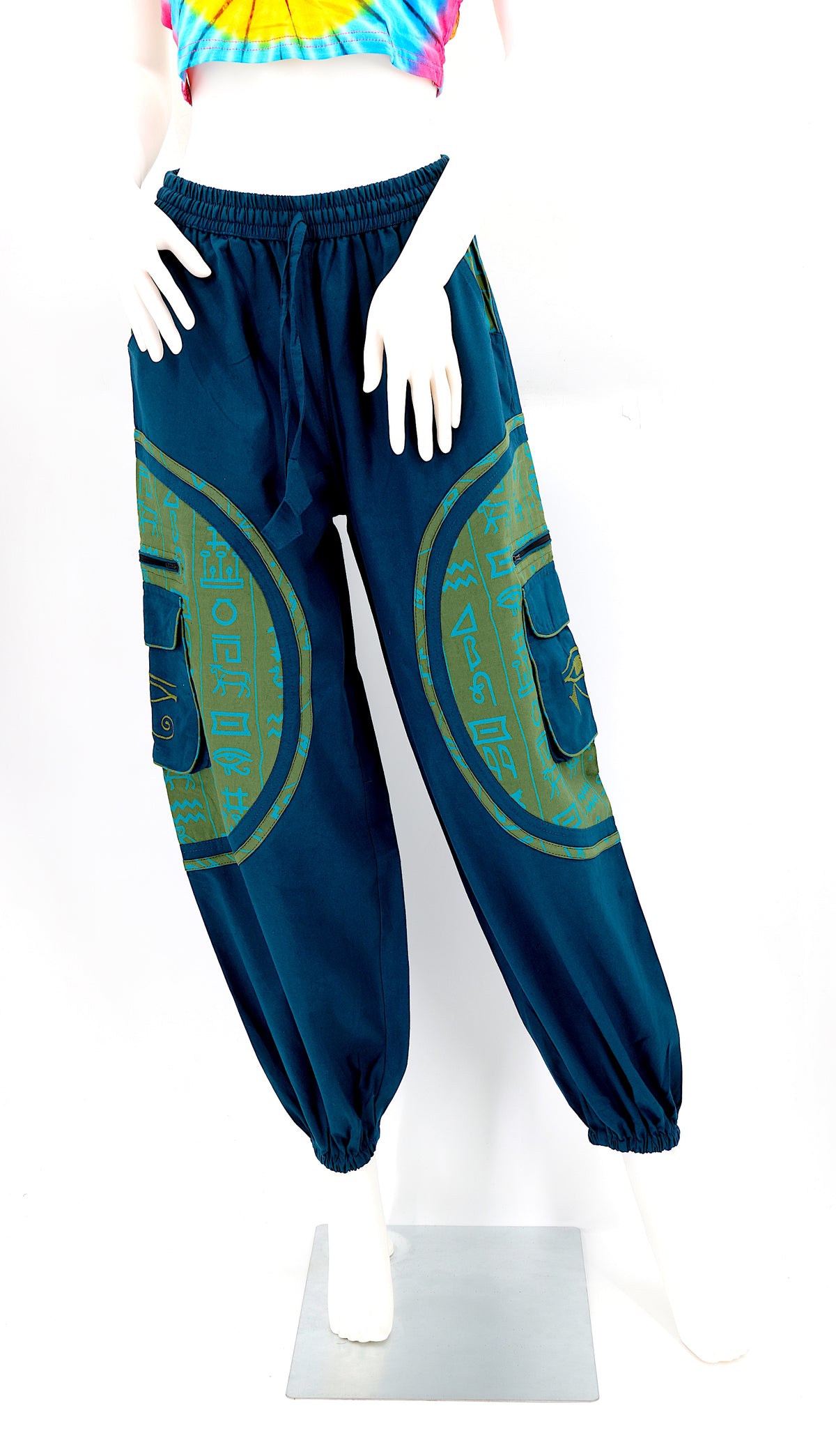 Front view of handmade cotton harem pants with Eye of Ra and Eye of Horus embroidery.