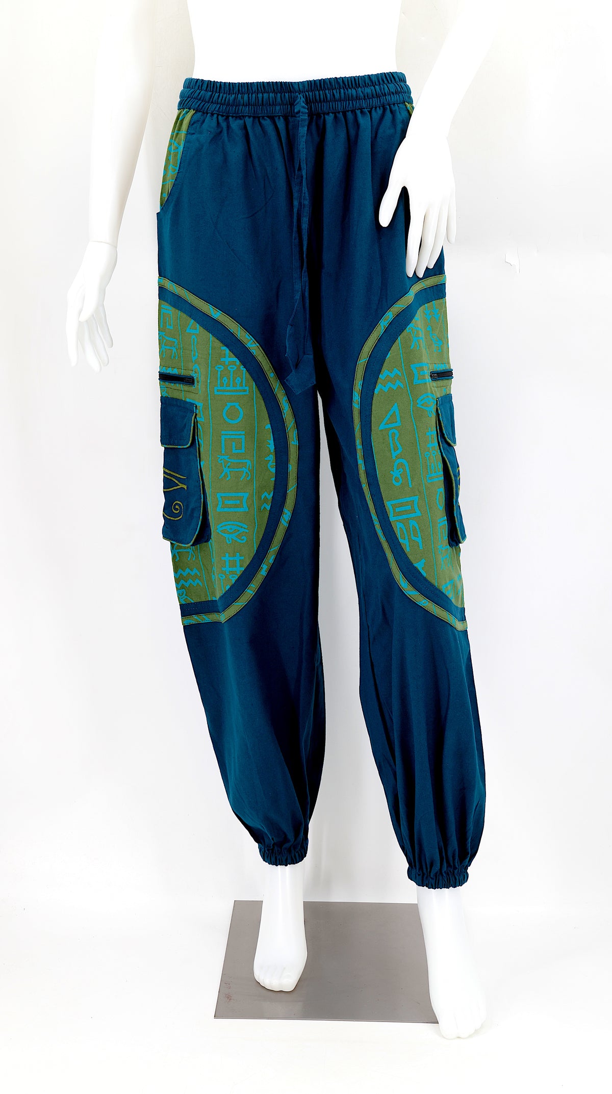 Front view of handmade cotton harem pants with Eye of Ra and Eye of Horus embroidery.