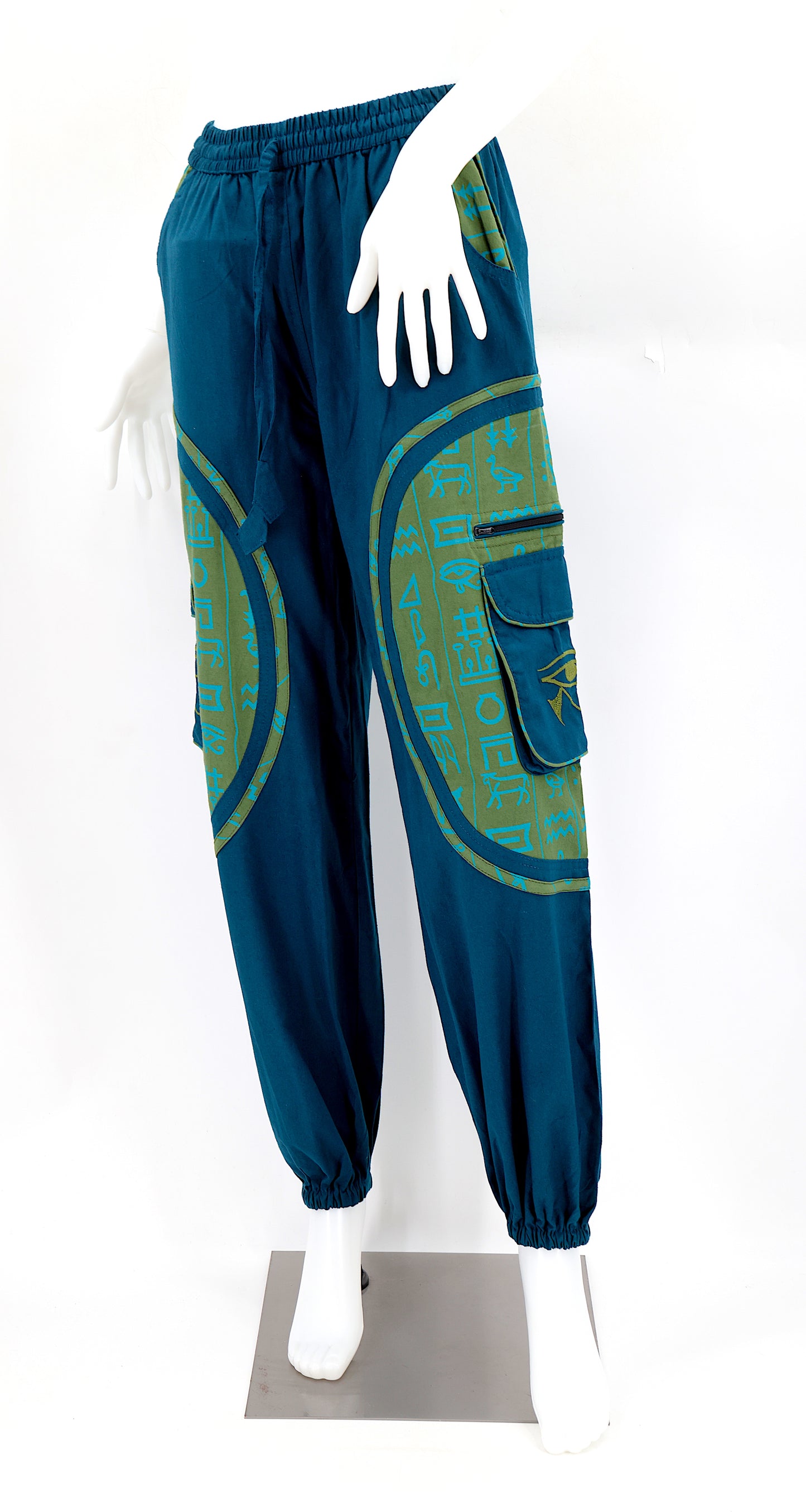 Front view of handmade cotton harem pants with Eye of Ra and Eye of Horus embroidery.