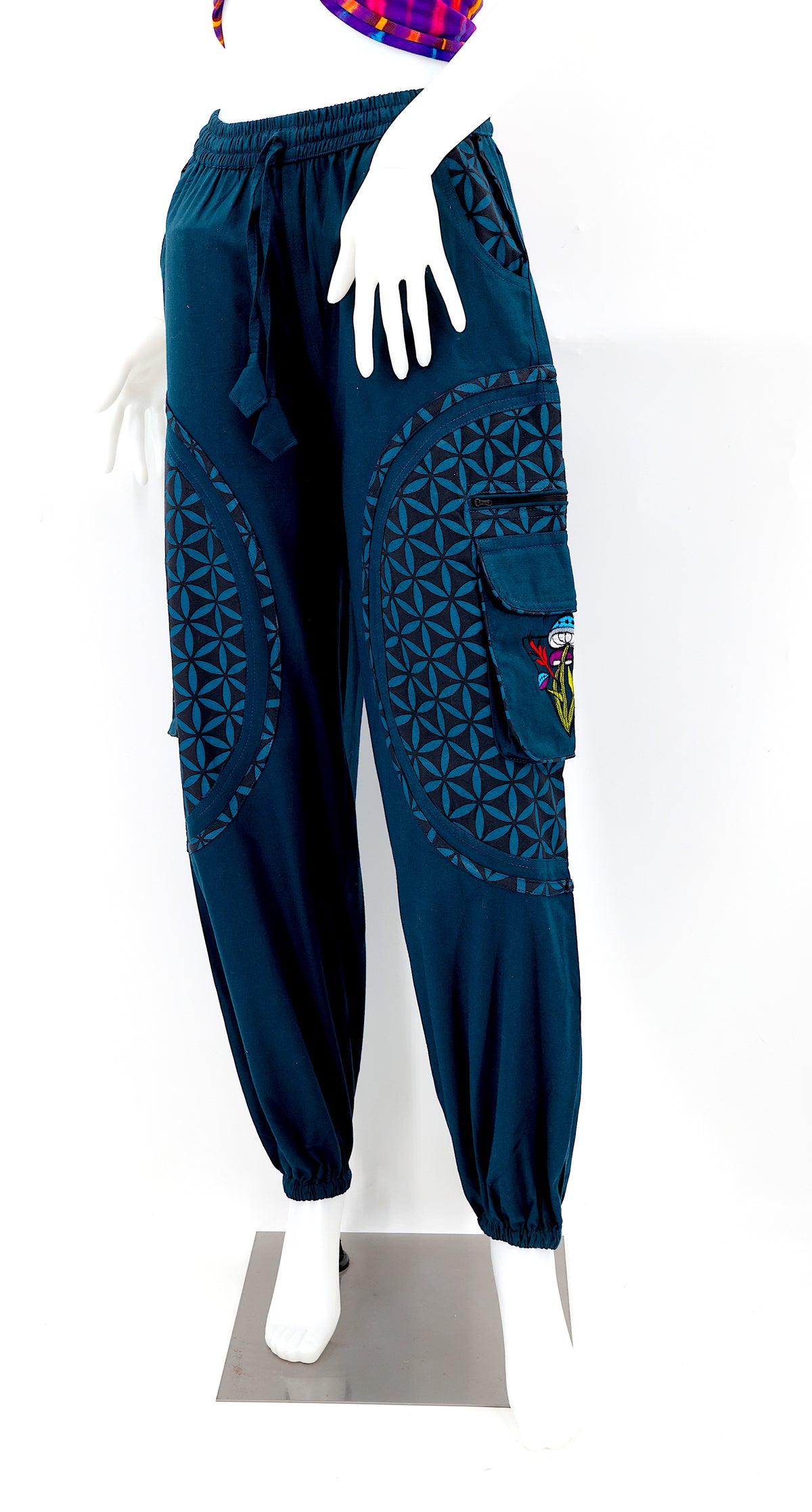 Artistic mushroom-stitched pants made from natural cotton