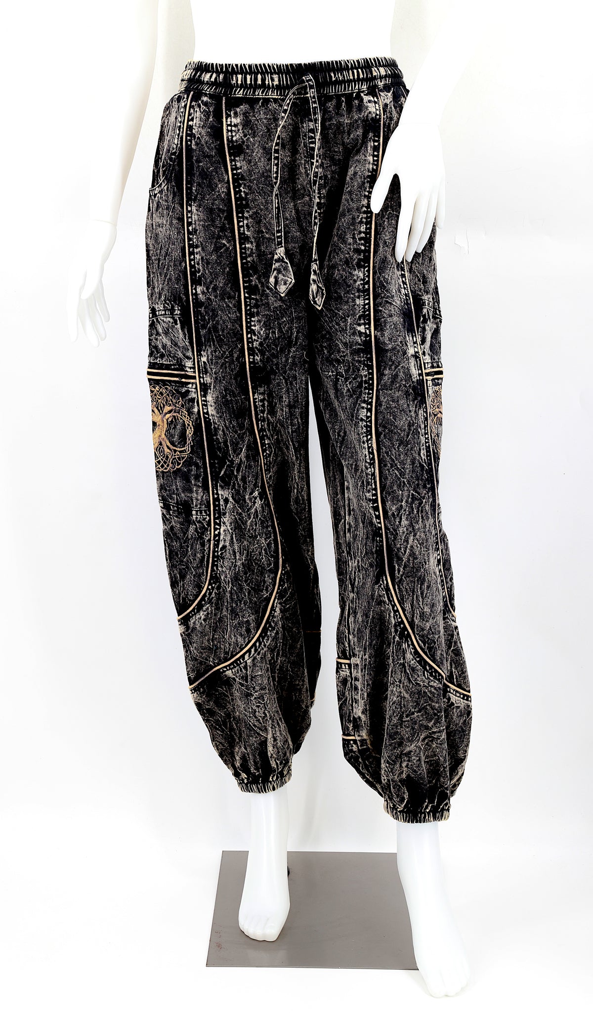 Front view of black handmade Tree of Life embroidered straight-leg harem pants