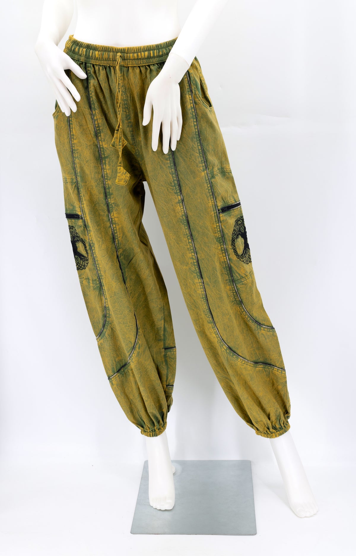Front view of camo green handmade Tree of Life embroidered straight-leg harem pants