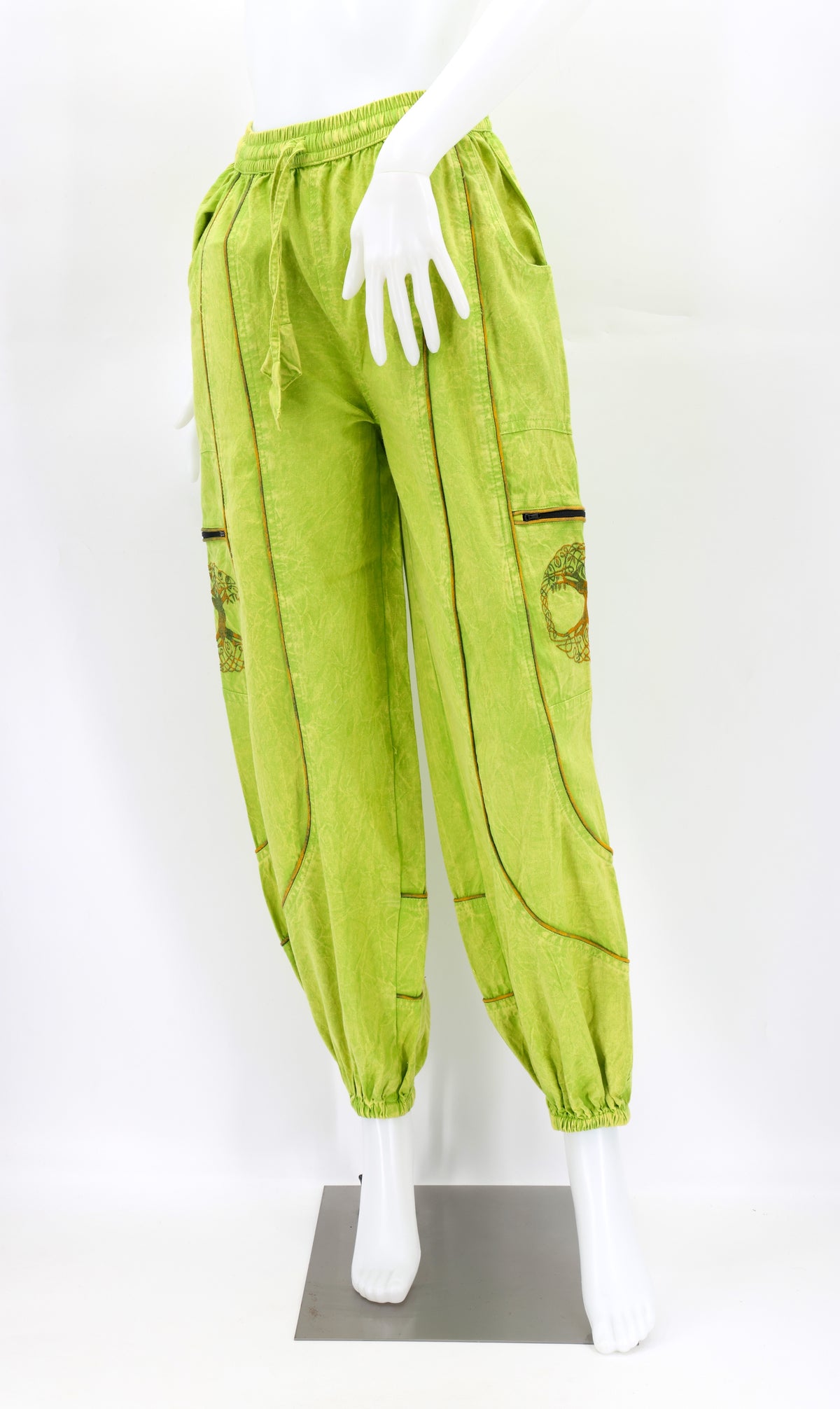 Front view of lime green handmade Tree of Life embroidered straight-leg harem pants