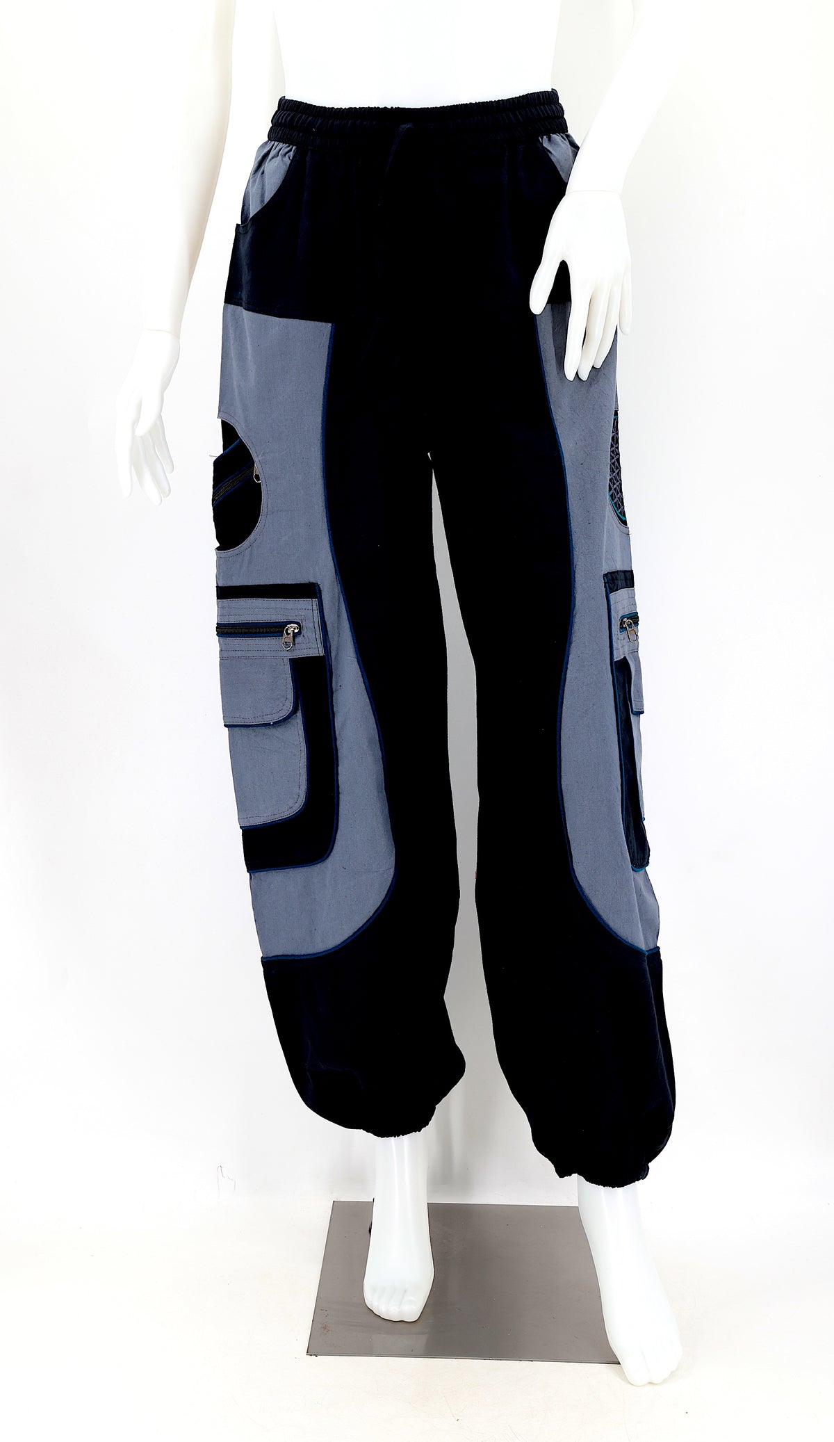 Front view of black gray handmade cotton harem pants with Flower of Life embroidery