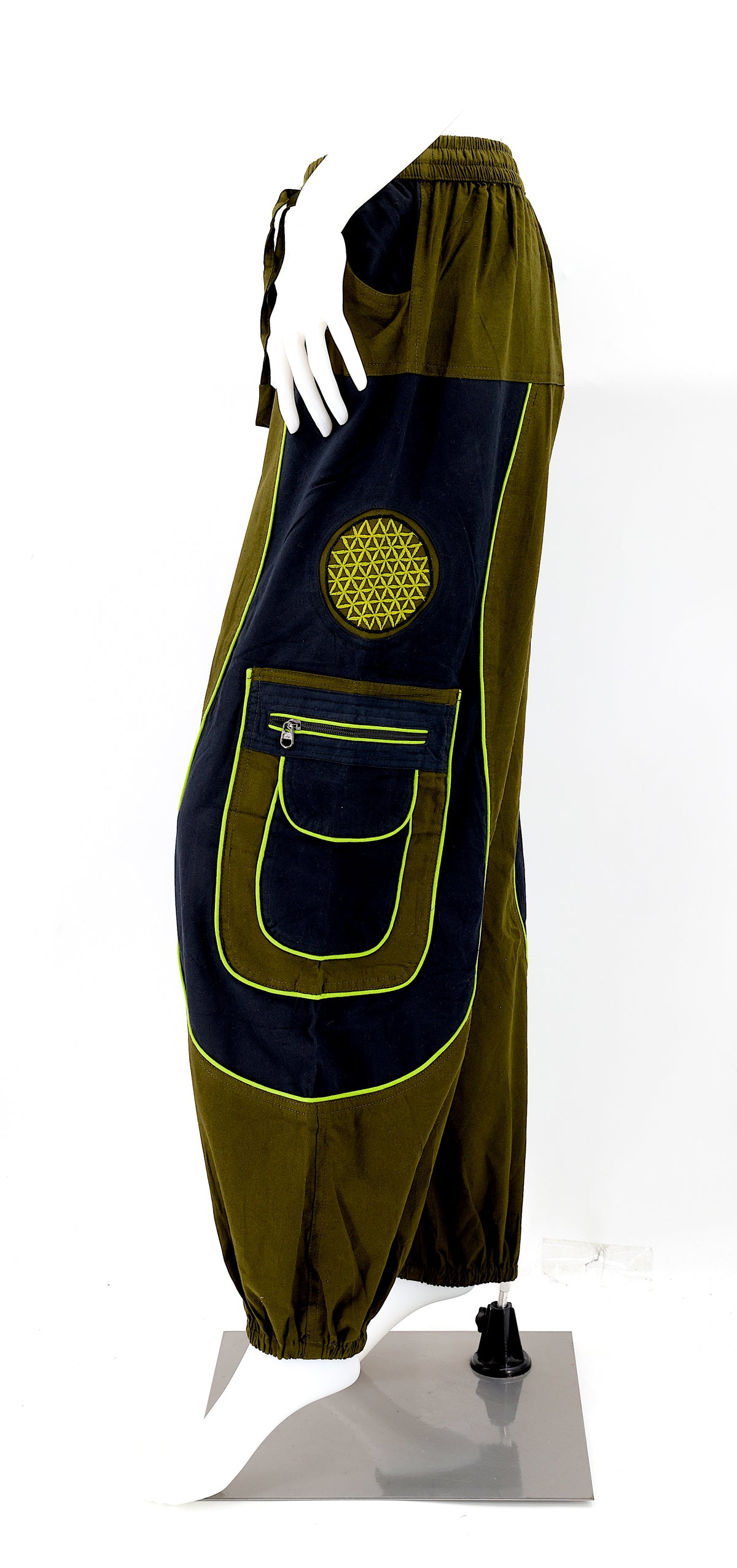 Side view showing relaxed fit and pocket detail of boho harem trousers