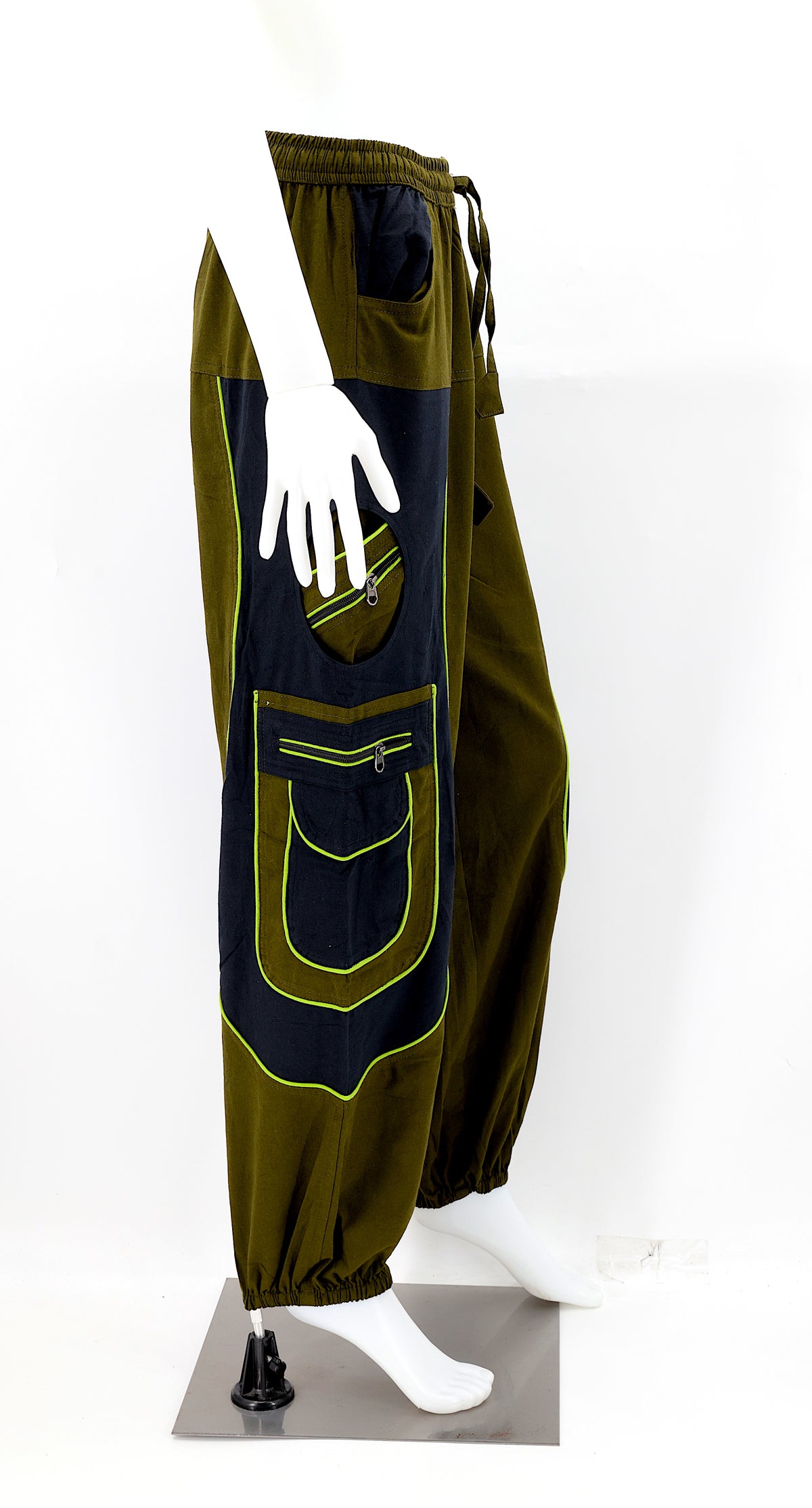 Side view showing relaxed fit and pocket detail of camo green boho harem trousers
