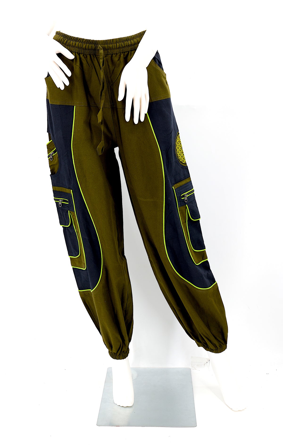 Front view of camo green handmade cotton harem pants with Flower of Life embroidery