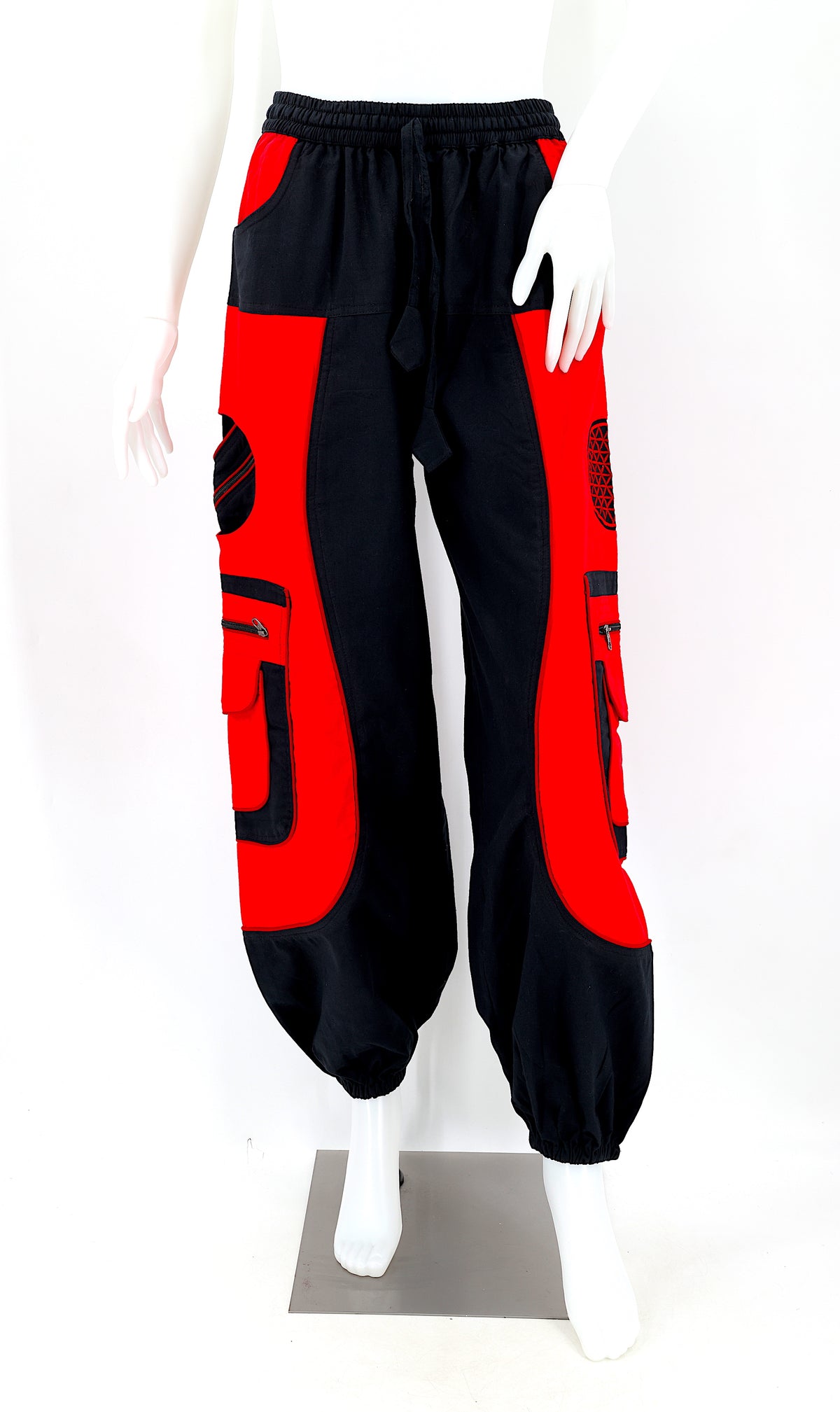 Front view of black red handmade cotton harem pants with Flower of Life embroidery