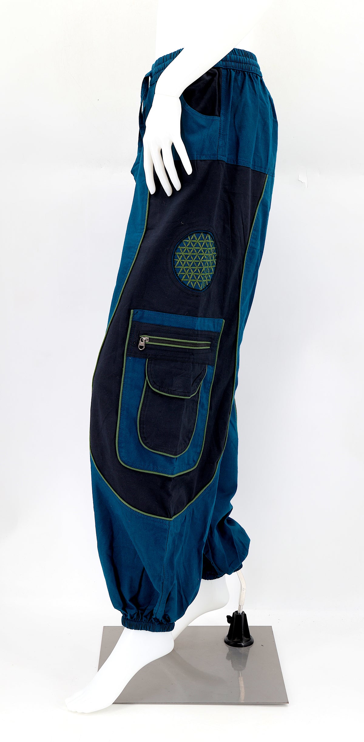 Side view showing relaxed fit and pocket detail of boho harem trousers