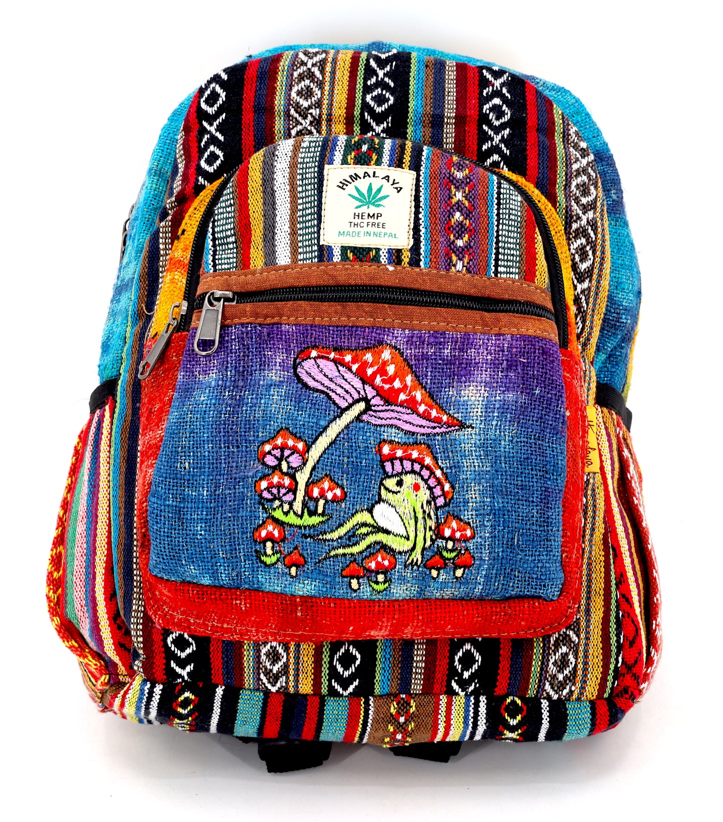 Hemp Frog Mushroom Hand Embroidered Tie Dye Mini Backpack