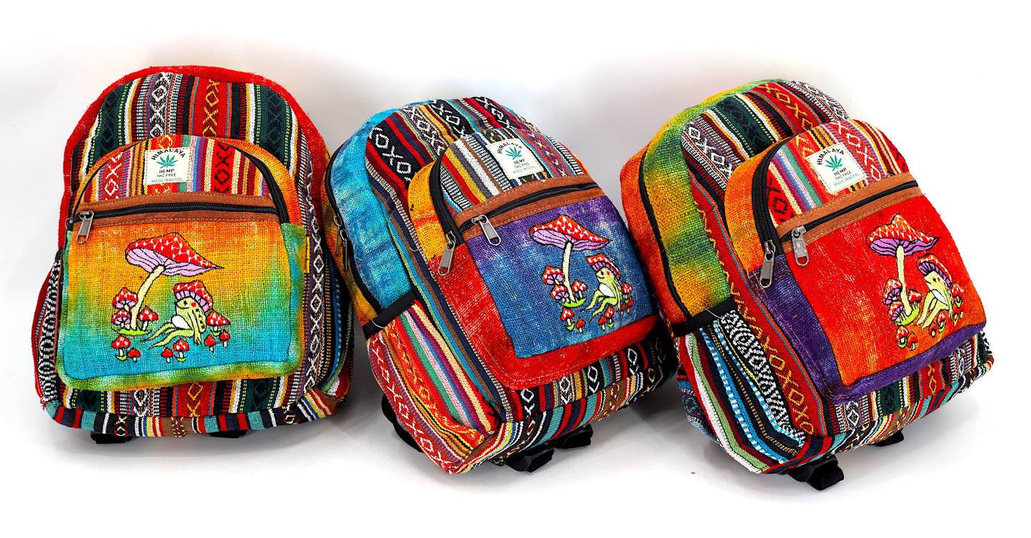 Hemp Frog Mushroom Hand Embroidered Tie Dye Mini Backpack