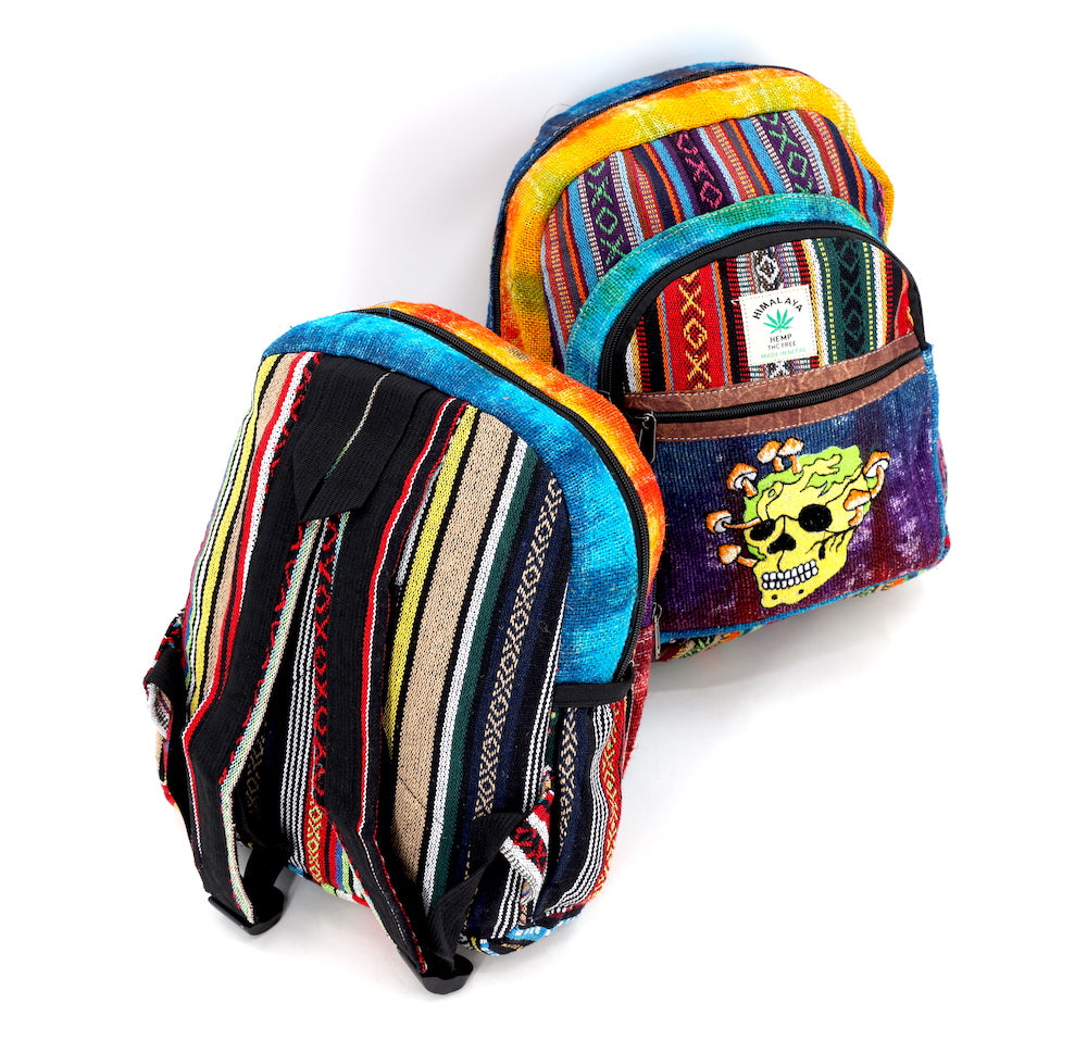 Hemp Skull Mushroom Hand Embroidered Tie Dye Mini Backpack