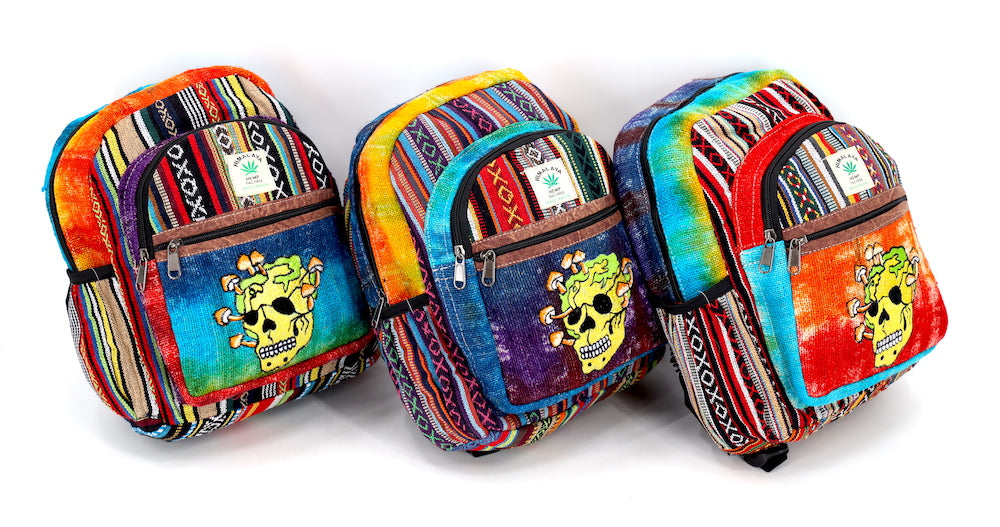 Hemp Skull Mushroom Hand Embroidered Tie Dye Mini Backpack