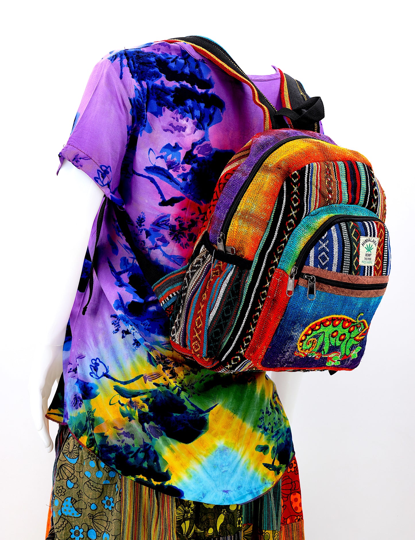 Hemp Chameleon Hand Embroidered Tie Dye Mini Backpack