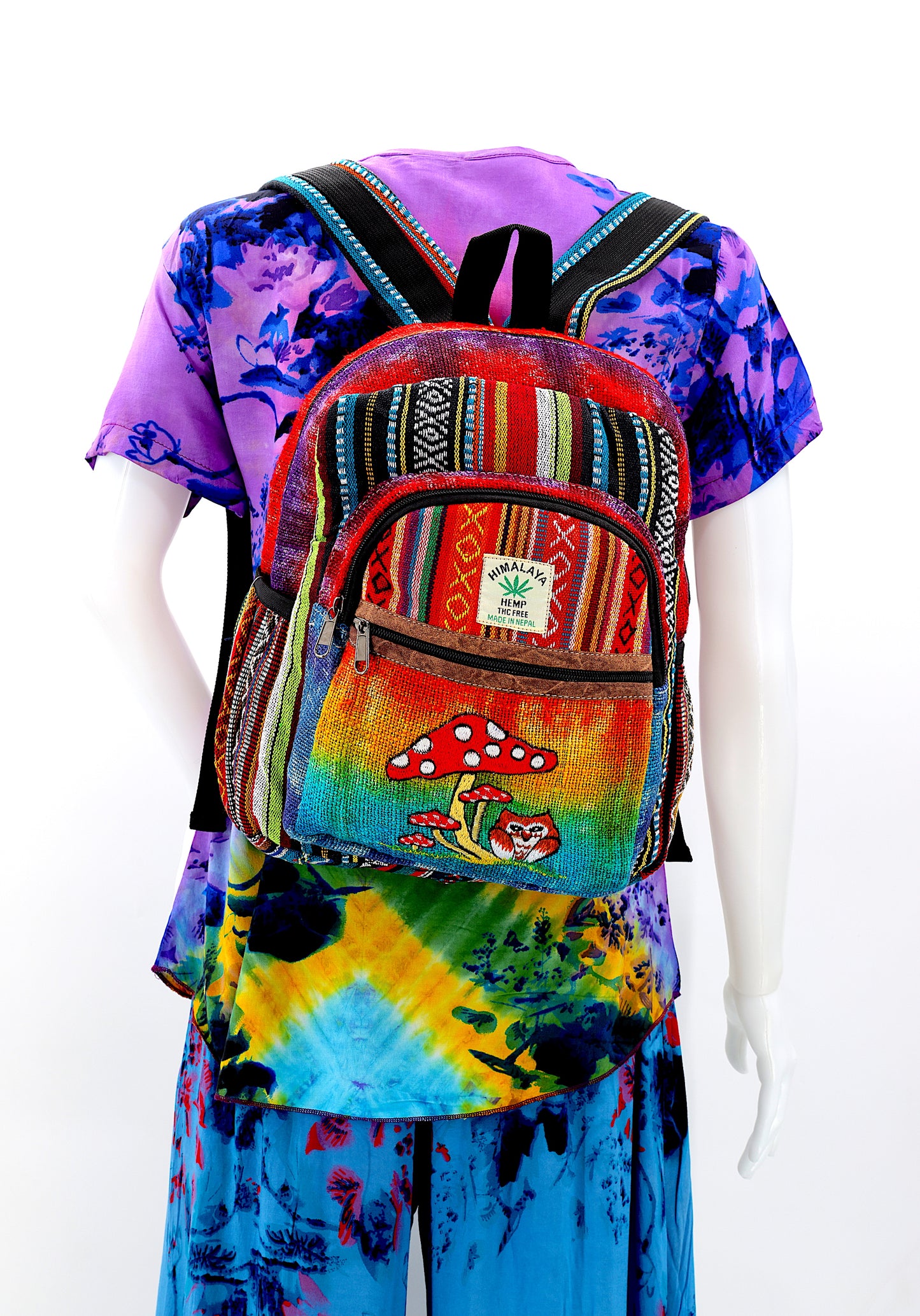 Hemp Owl Mushroom Hand Embroidered Tie Dye Mini Backpack