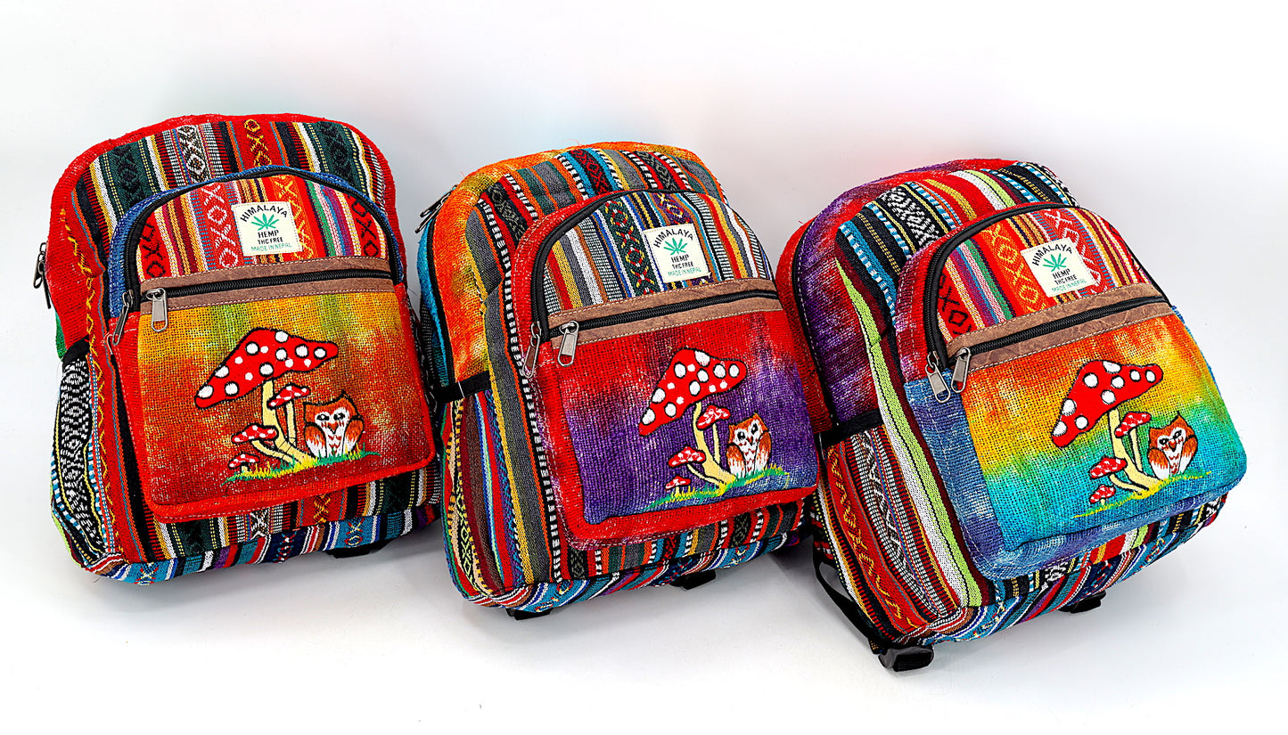 Hemp Owl Mushroom Hand Embroidered Tie Dye Mini Backpack