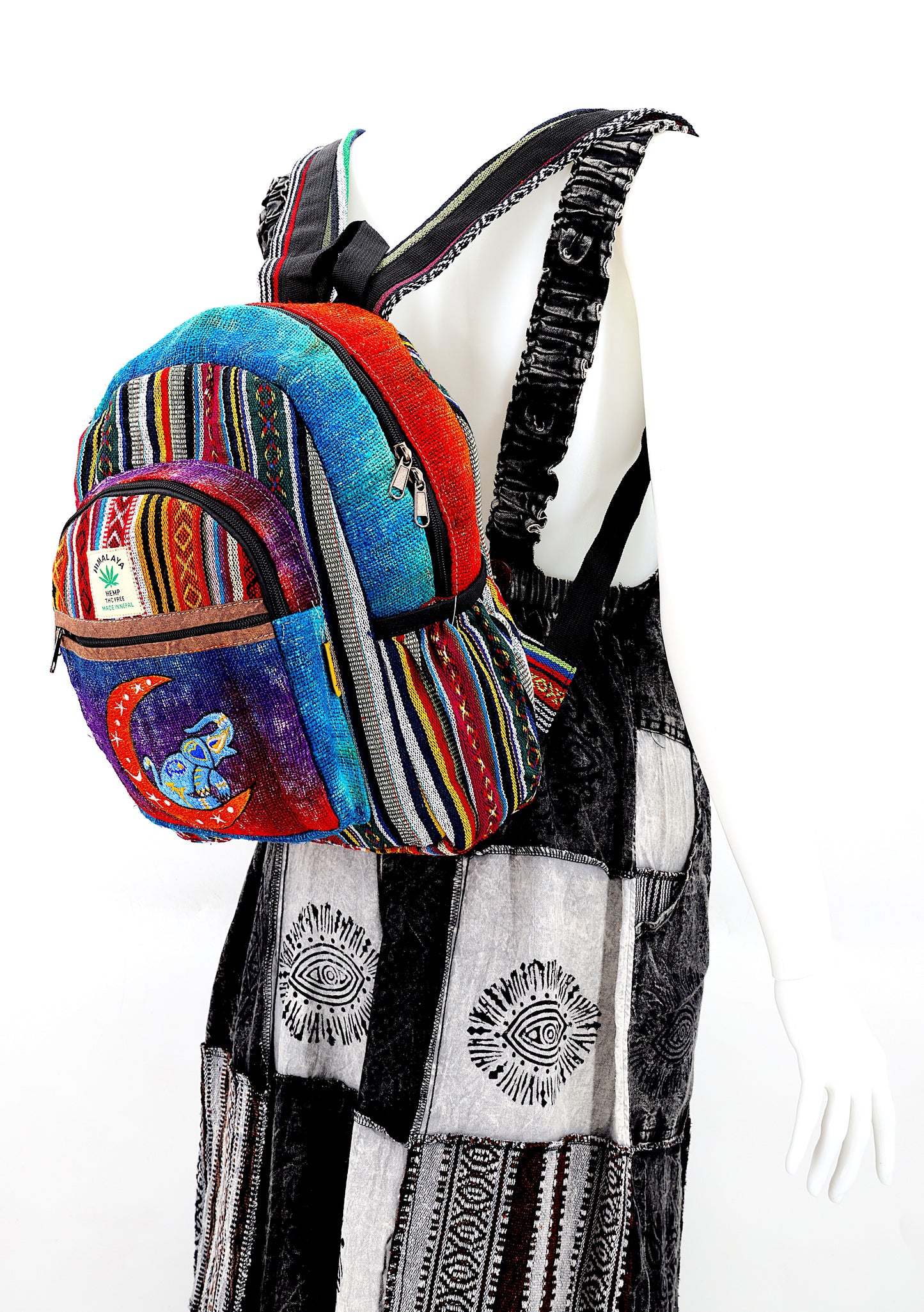 Hemp Moon Elephant Hand Embroidered Tie Dye Mini Backpack
