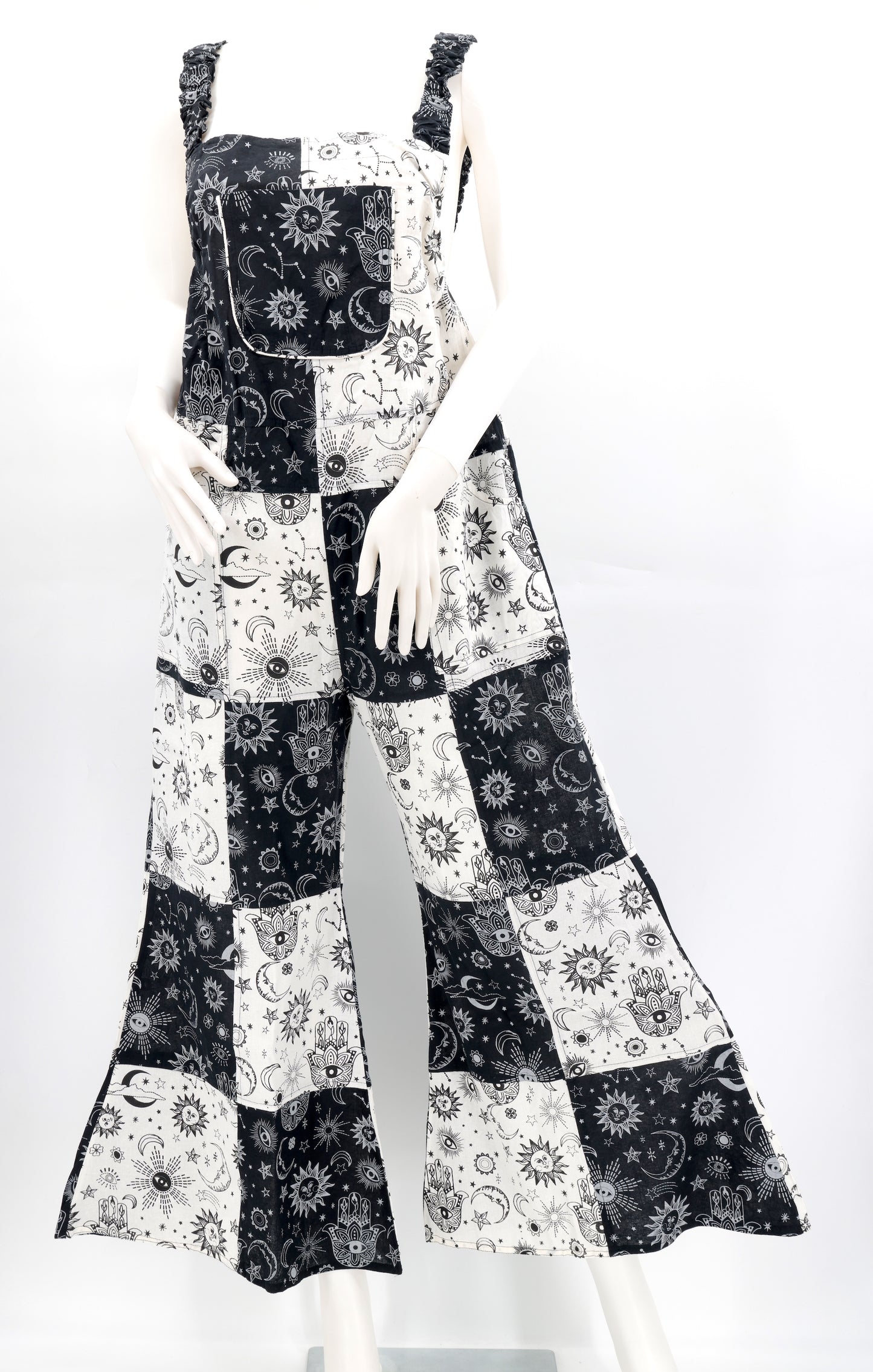 Cotton Hippie Handmade Celestial Print Patchwork Wide Leg Bohemian Overalls