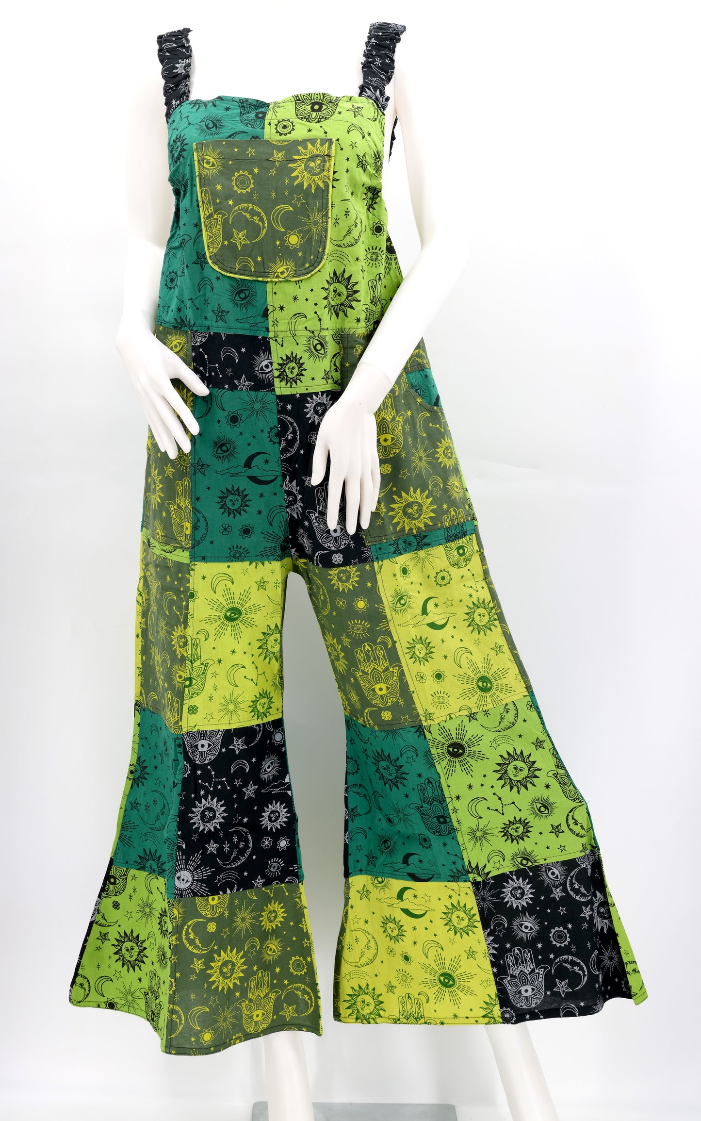 Cotton Hippie Handmade Celestial Print Patchwork Wide Leg Bohemian Overalls