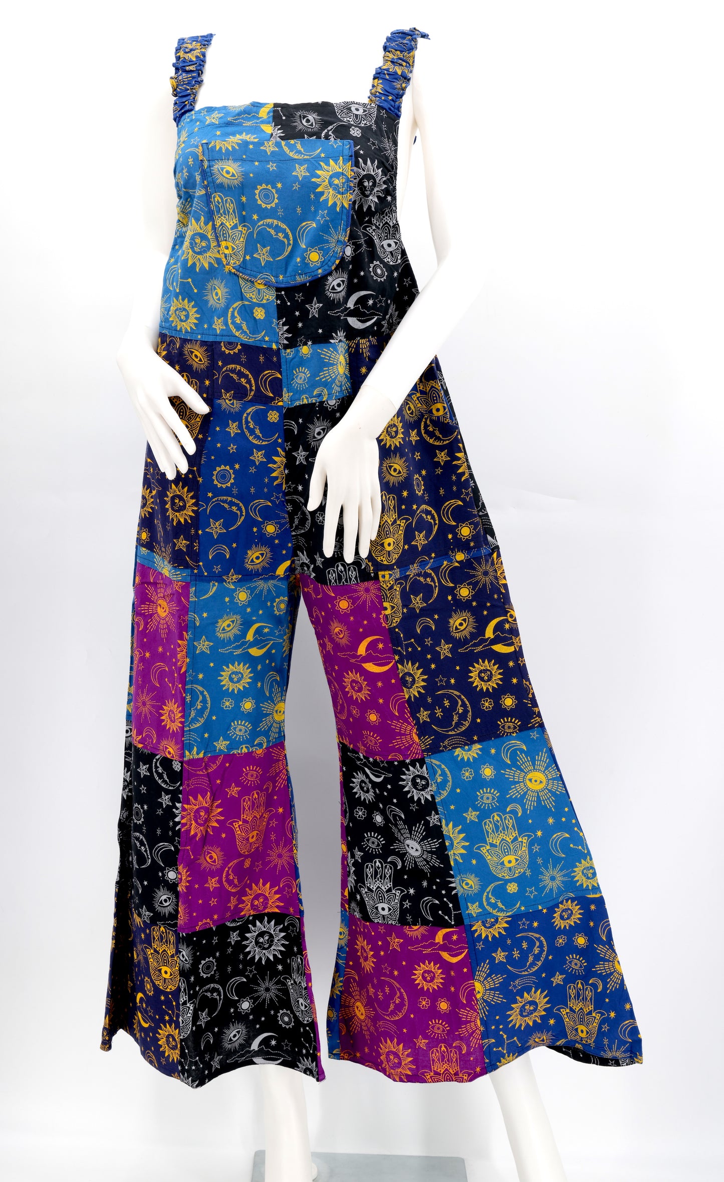 Cotton Hippie Handmade Celestial Print Patchwork Wide Leg Bohemian Overalls