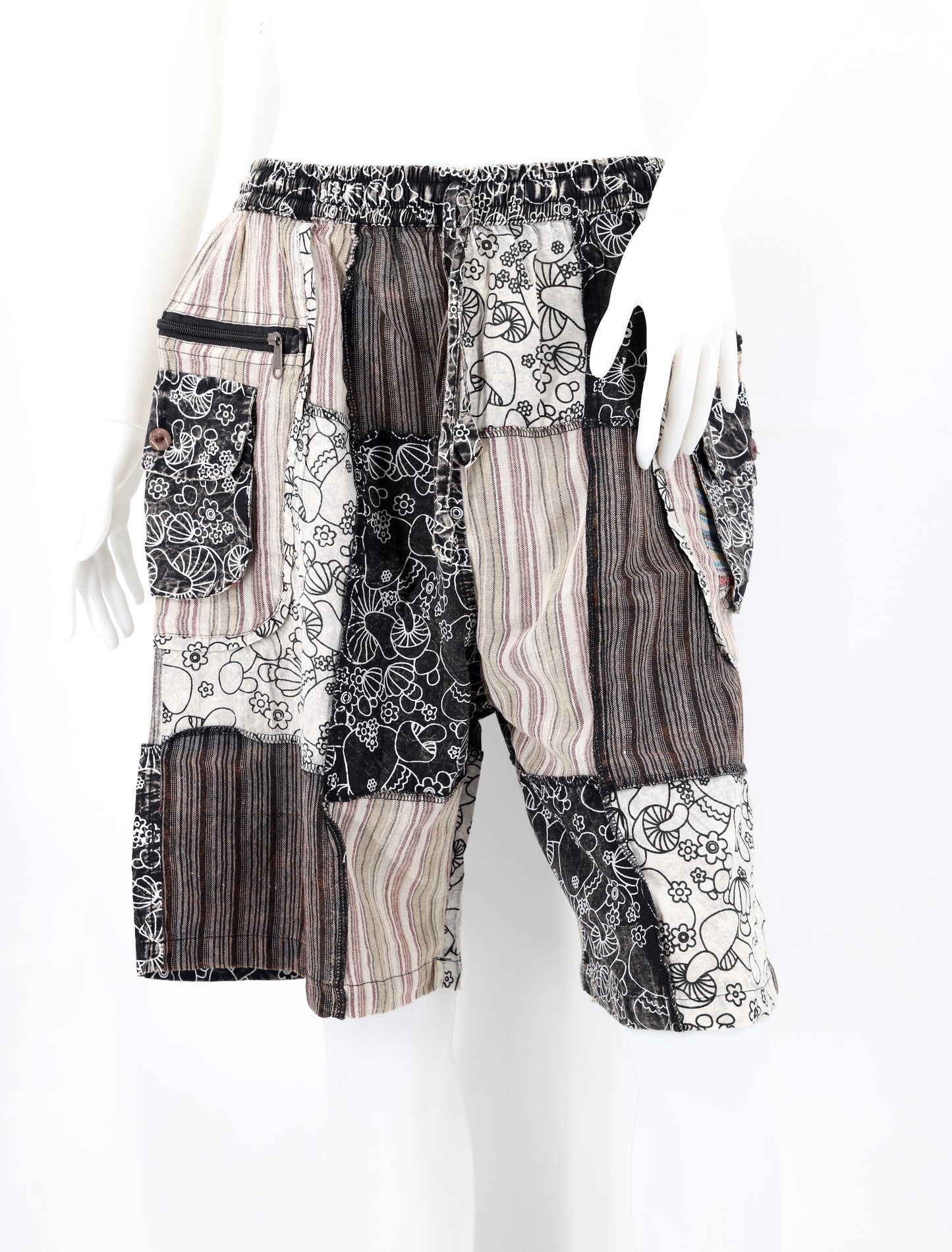 Cotton Hippie Handmade Mushroom Print Patchwork Lightweight Bohemian Shorts