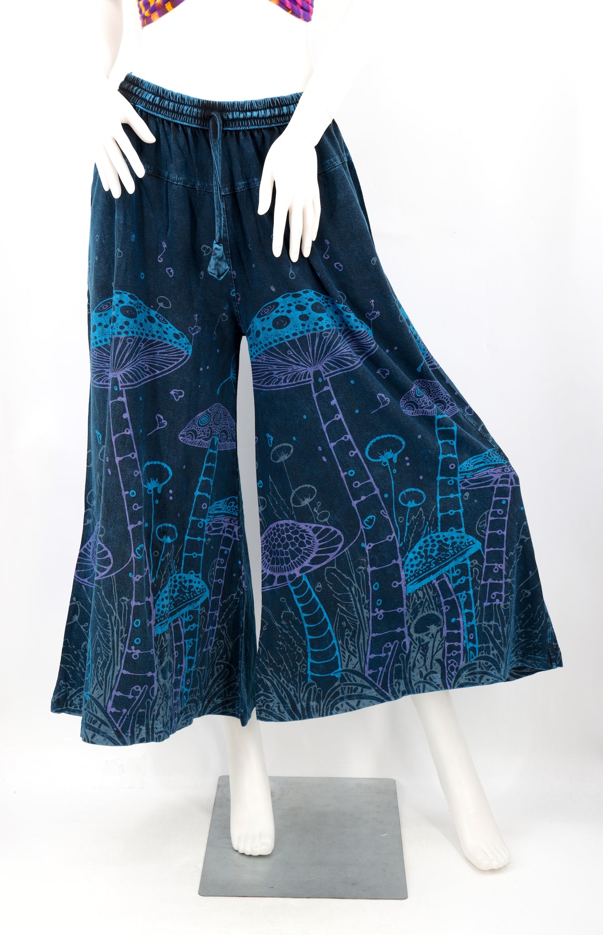 Mushroom Print Wide Leg Palazzo Pants | Stone-Washed Cotton