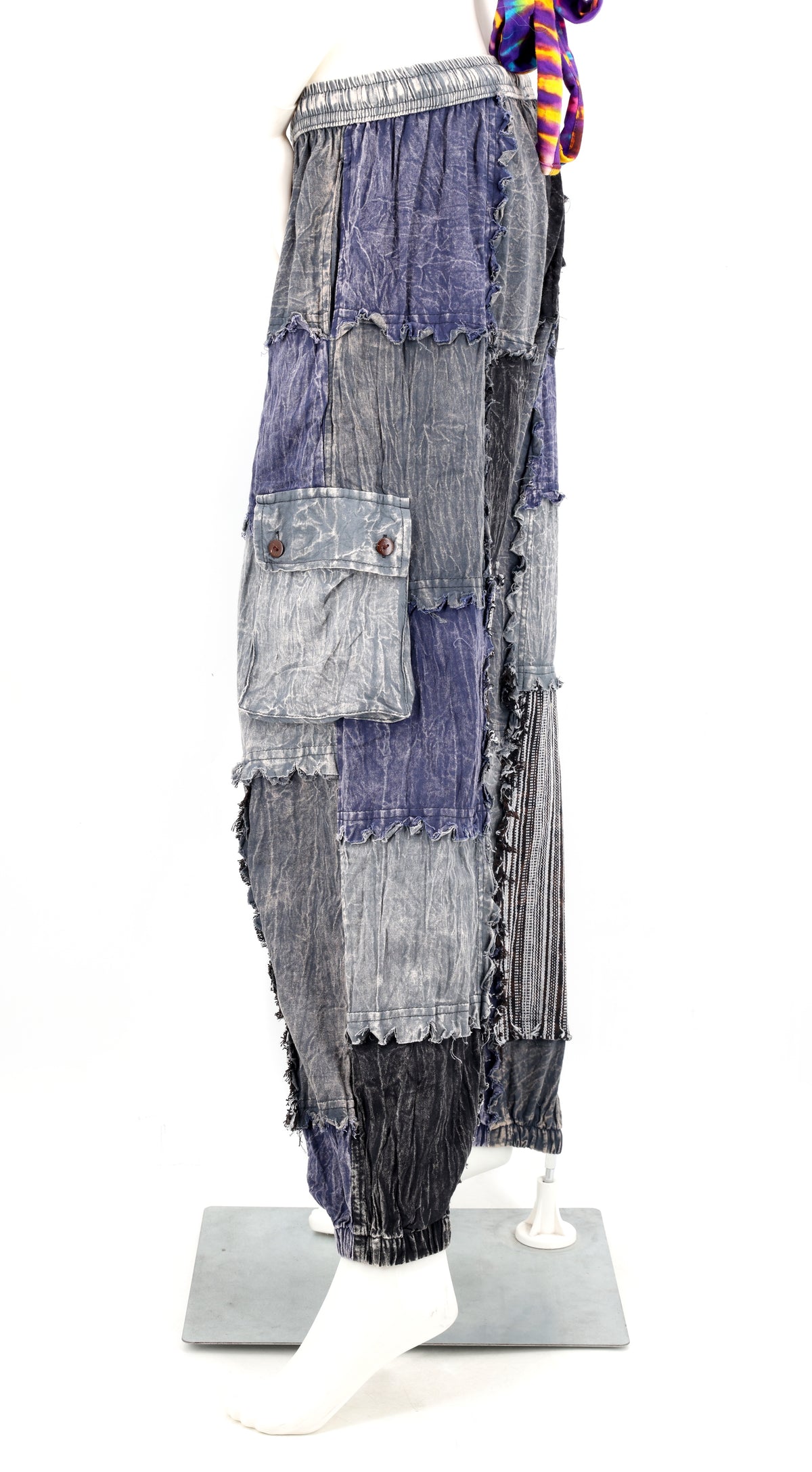 Stone-Washed Patchwork Harem Pants | Frayed Edge Cotton Cargo