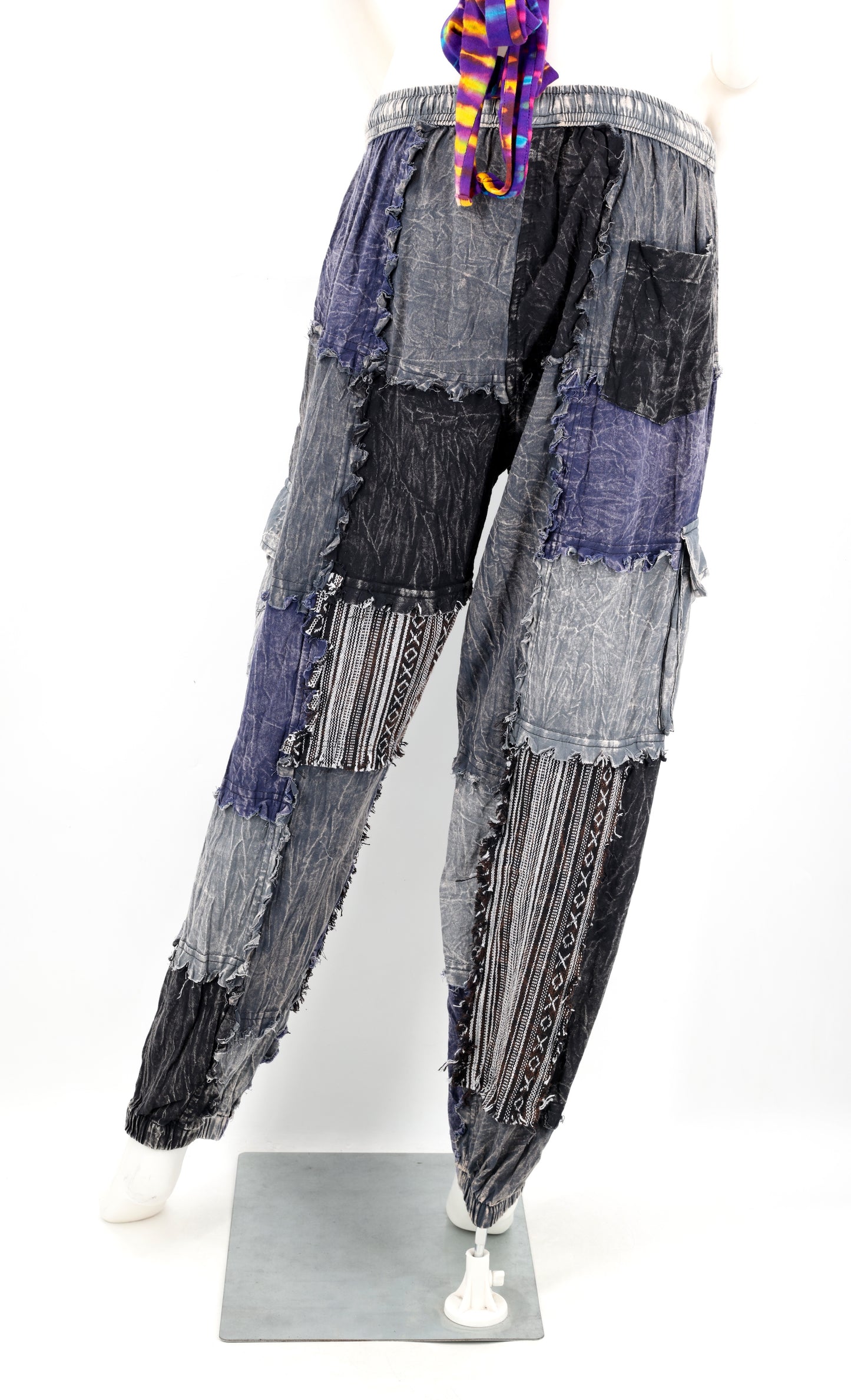 Stone-Washed Patchwork Harem Pants | Frayed Edge Cotton Cargo