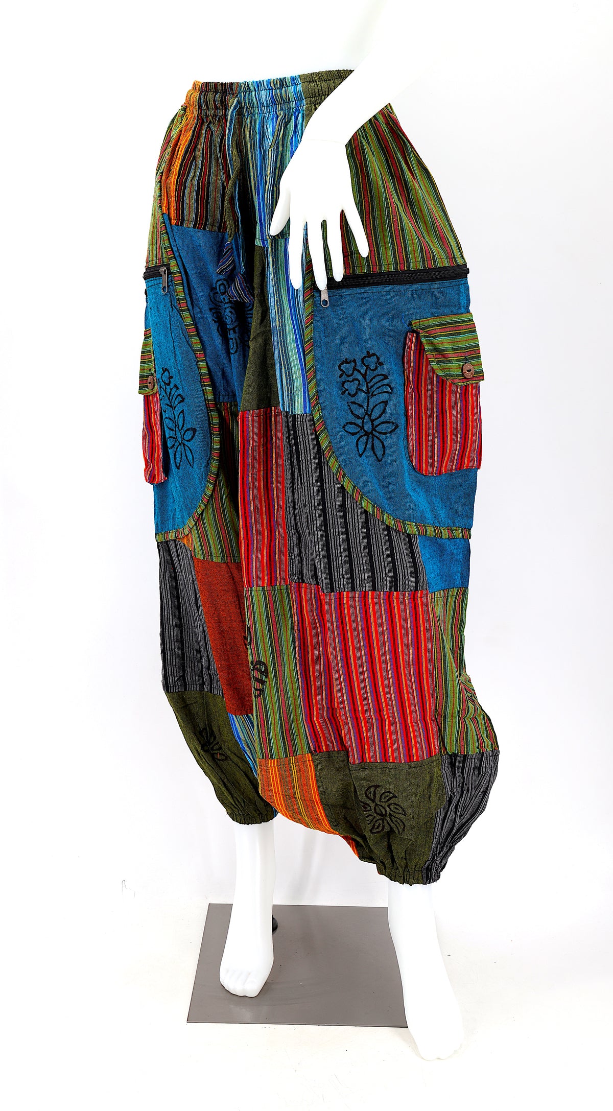 Patchwork-Hose mit tiefem Schritt | Bunt bedruckte Baumwoll-Haremshose im Blockprint-Stil
